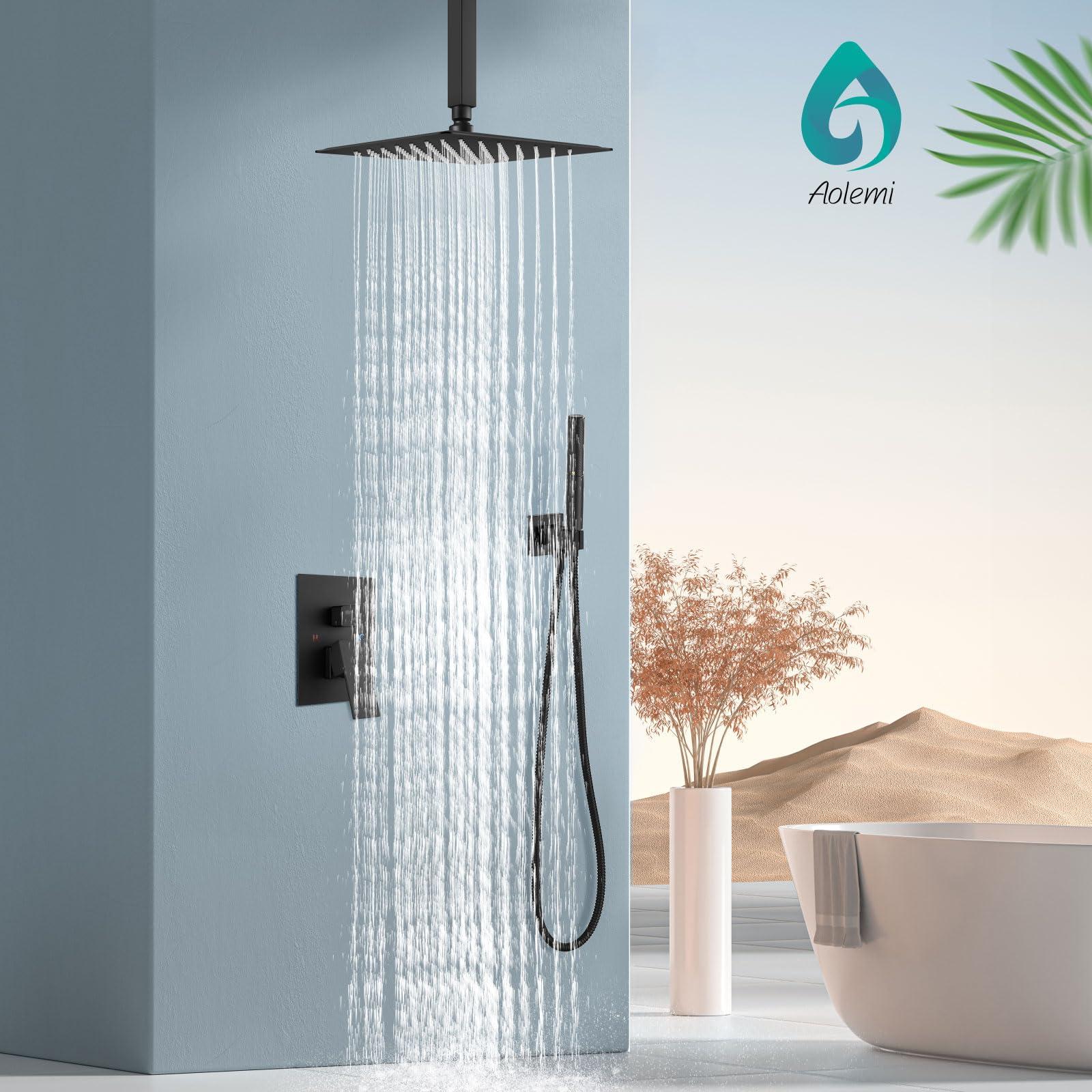 Aolemi Ceiling Mount Shower System with Rainfall Shower Head and Handheld,High Pressure Shower Faucet Set Fixture Combo with 2 in 1 Handheld Spray Rough-in Valve,12 Inch Shower Head Matte Black - Image 2