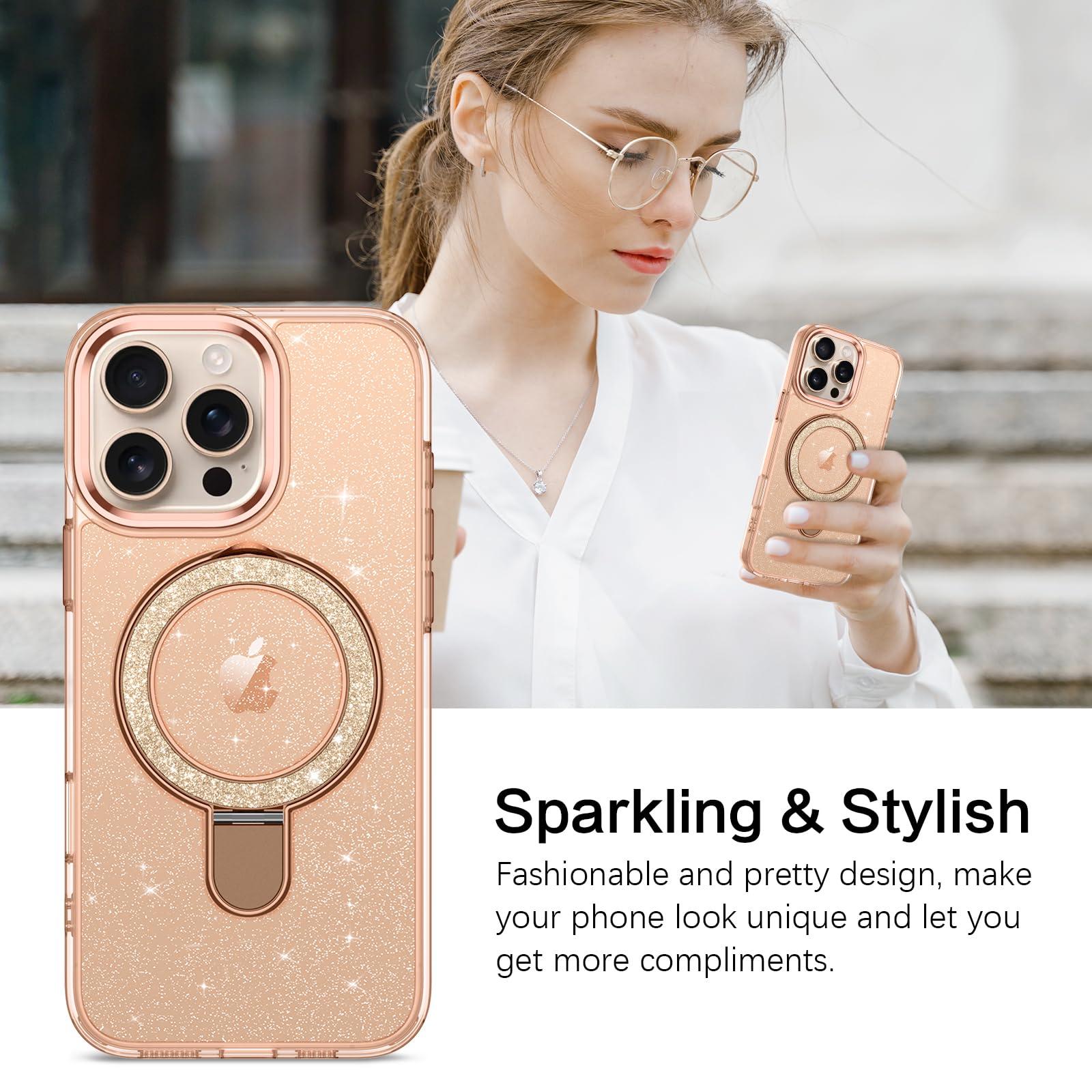 VENINGO iPhone 16 Pro Max Case, Magnetic Slim MagSafe Car Mount Supported Ring Holder Kickstand Sparkle Glitter Not Yellow Shockproof Protective Phone Cover for iPhone 16 Pro Max 6.9", Desert Titanium - Image 6