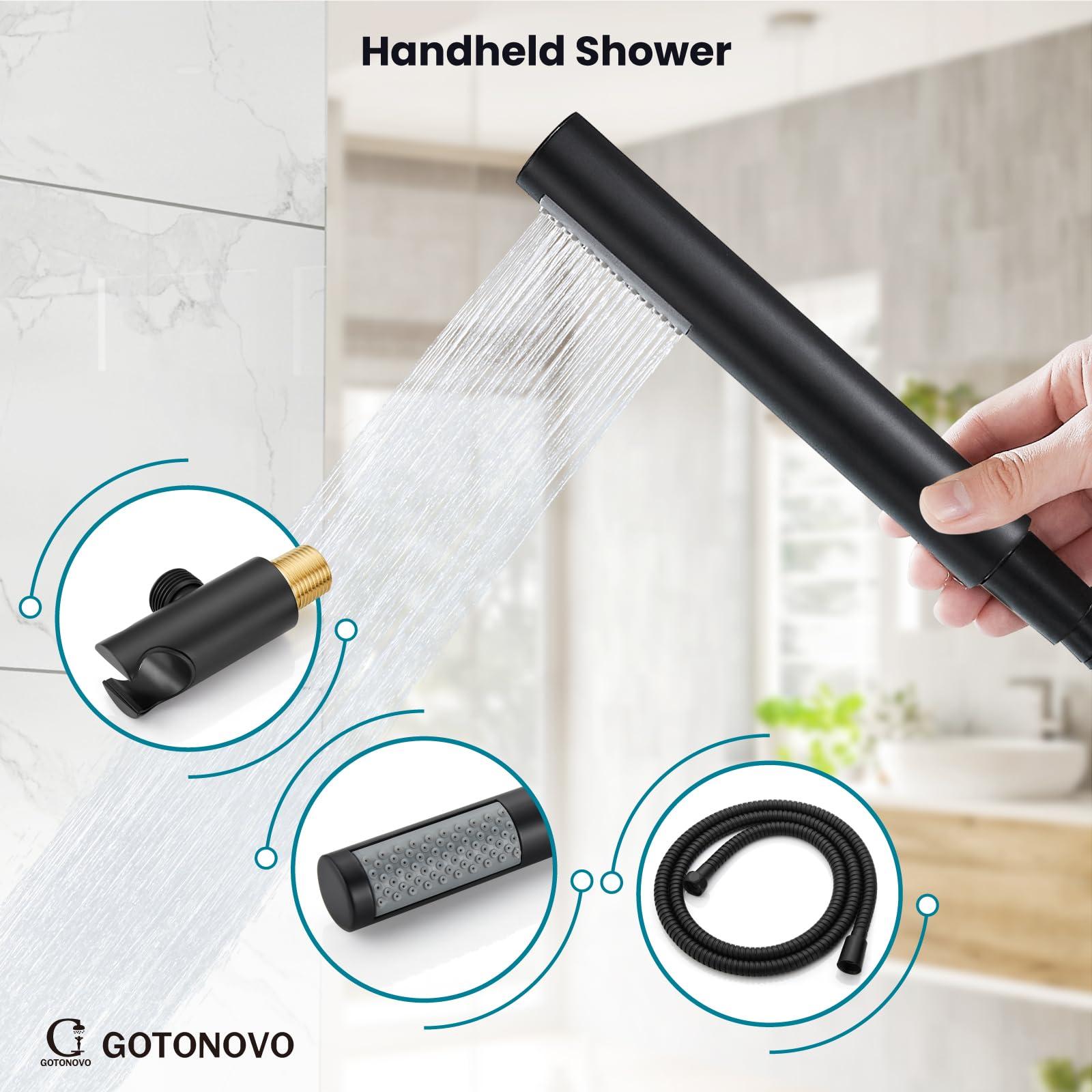 gotonovo Shower System 10 Inch Round Rainfall Showerhead Wall Mounted High Pressure Shower Faucet Set Fixture Combo with Rough in Valve and Cylindrical Handheld Spray, Matte Black - Image 7