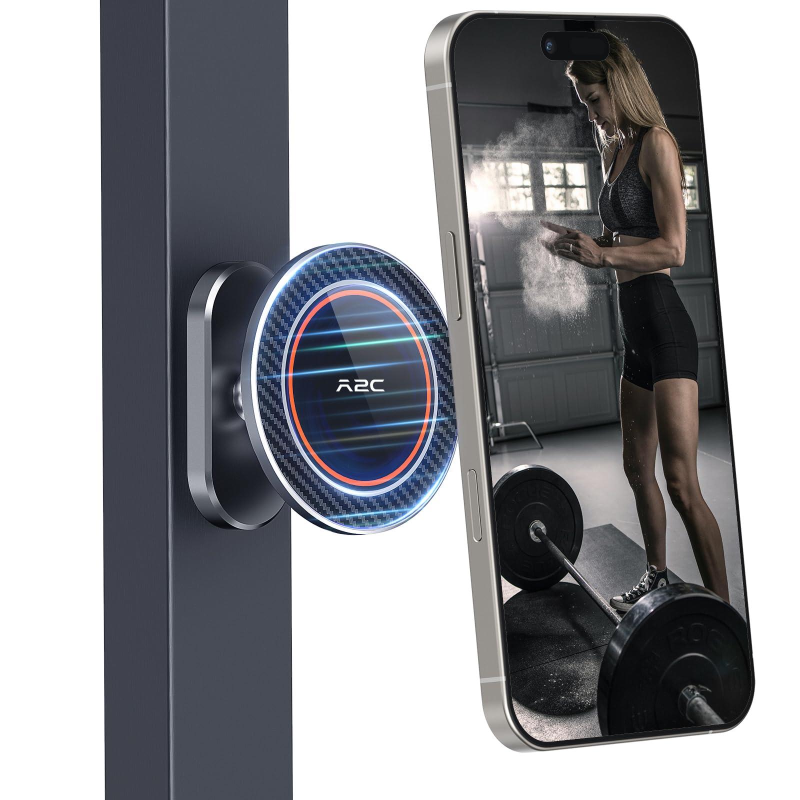 A2C All-Metal Gym Magnetic Phone Holder for MagSafe,High-End Workout Essentials Gift for Men Women,[Dual Magnet] Portable Phone Mount Gym Accessories Compatible with iPhone 16 15 14 13 12 (Gray)
