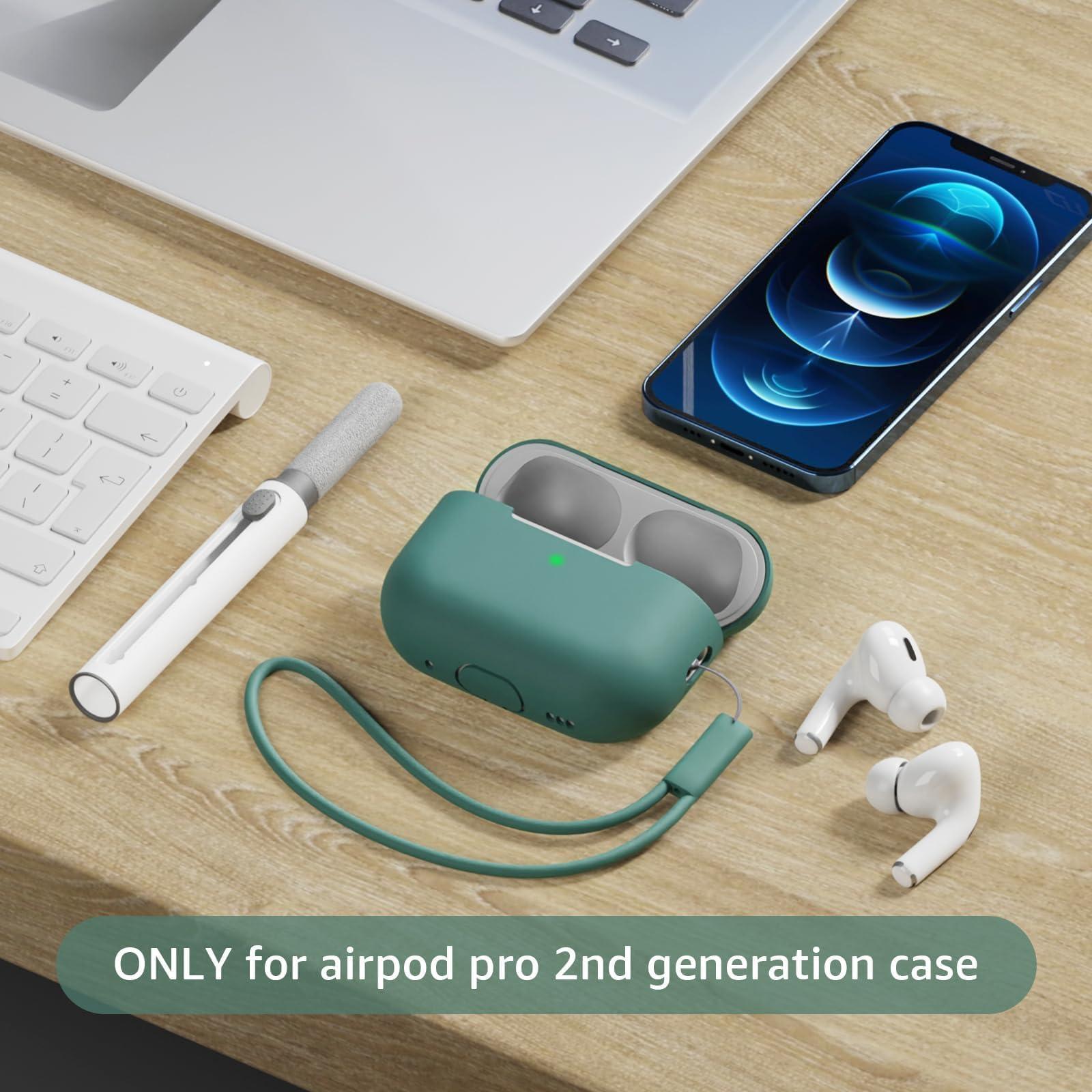 Tandoler Compatible with Airpods Pro 2 Case, Soft Silicone Skin Cover Protective Cases with Cleaner kit and Lanyard Compatible for AirPod Pro 2nd Generation, Front LED Visible-Pine Green - Image 2