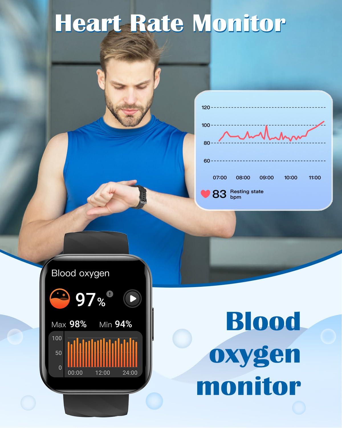 RUIMEN Smart Watches for Men Women (Answer/Make Calls) Compatible with iPhone/Android Phones, 1.85" HD Screen Fitness Tracker Heart Rate Monitor 100+ Sports Tracker Watch Waterproof (Black) - Image 4