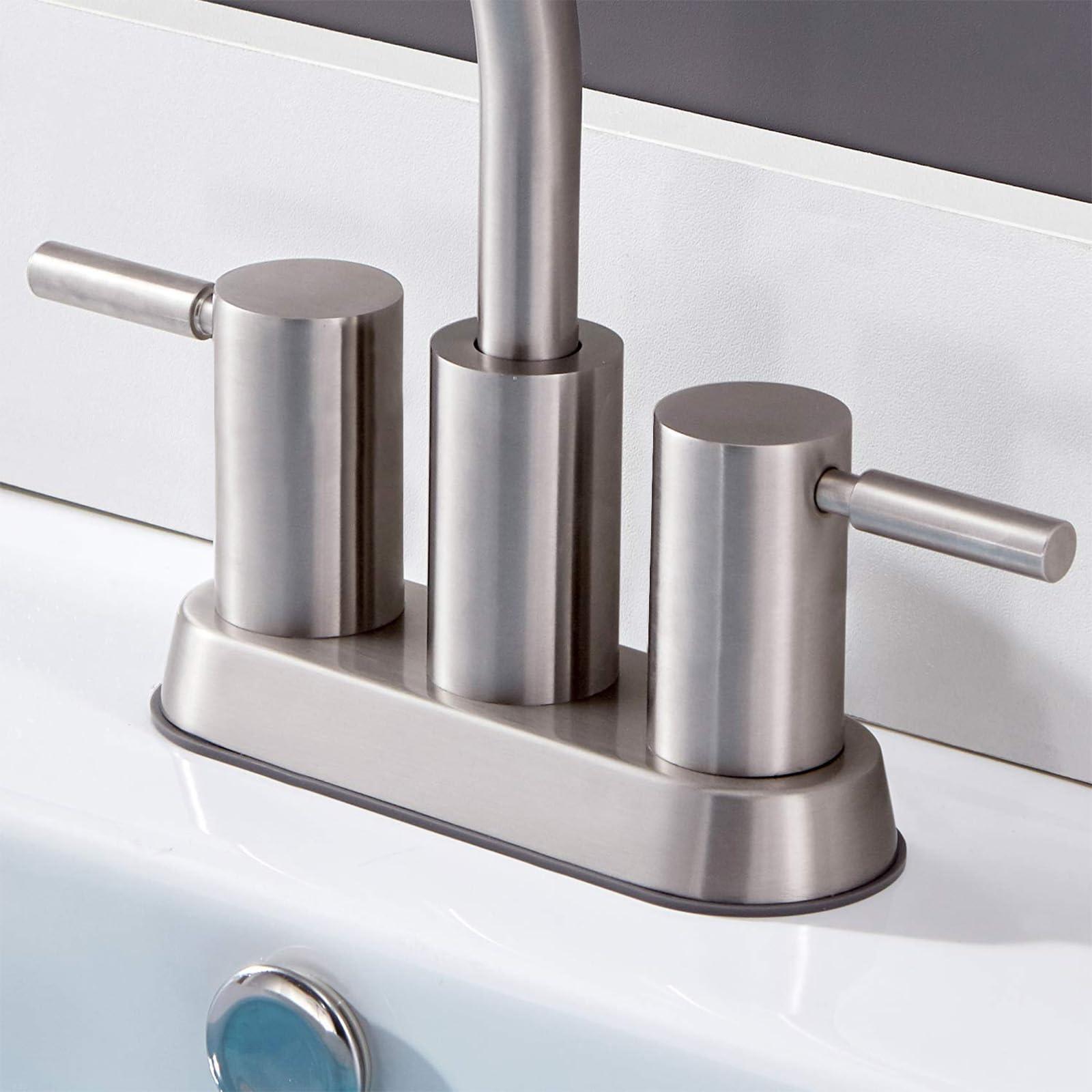 Brushed Nickel Bathroom Faucet, 2 Handle Bathroom Sink Faucets Centerset, 360° Swivel High-Arc Spout Modern 4 inch Bath Faucet for Vanity Lavatory with Pop-up Drain & Water Hoses - Image 7