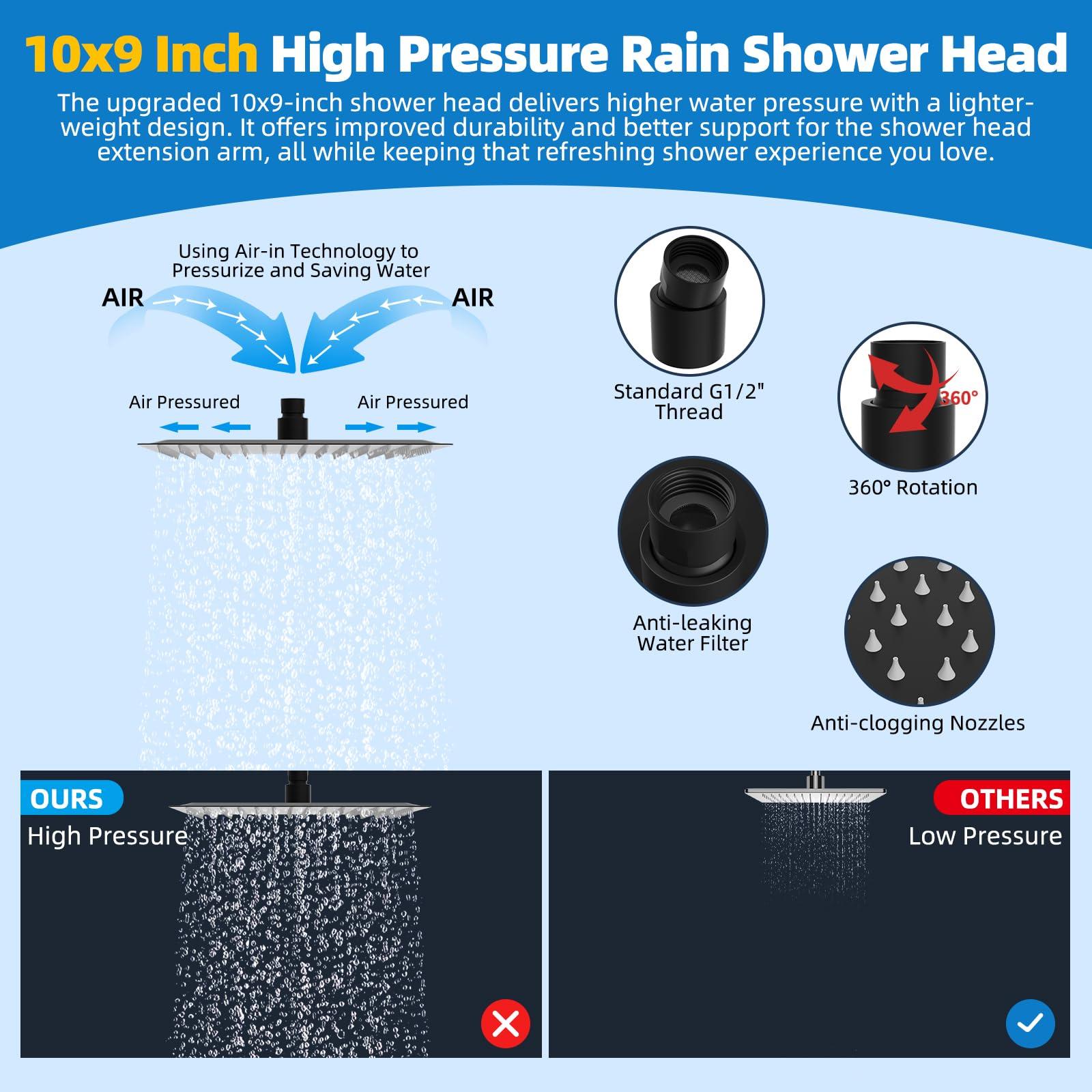 Hibbent All Metal Shower Head, 10'' High Pressure Rainfall Shower Head, Showerhead Combo, Handheld Shower Wand, 12'' Adjustable Curved Shower Extension Arm, 71'' Hose, Shower Head Holder, Matte Black - Image 5