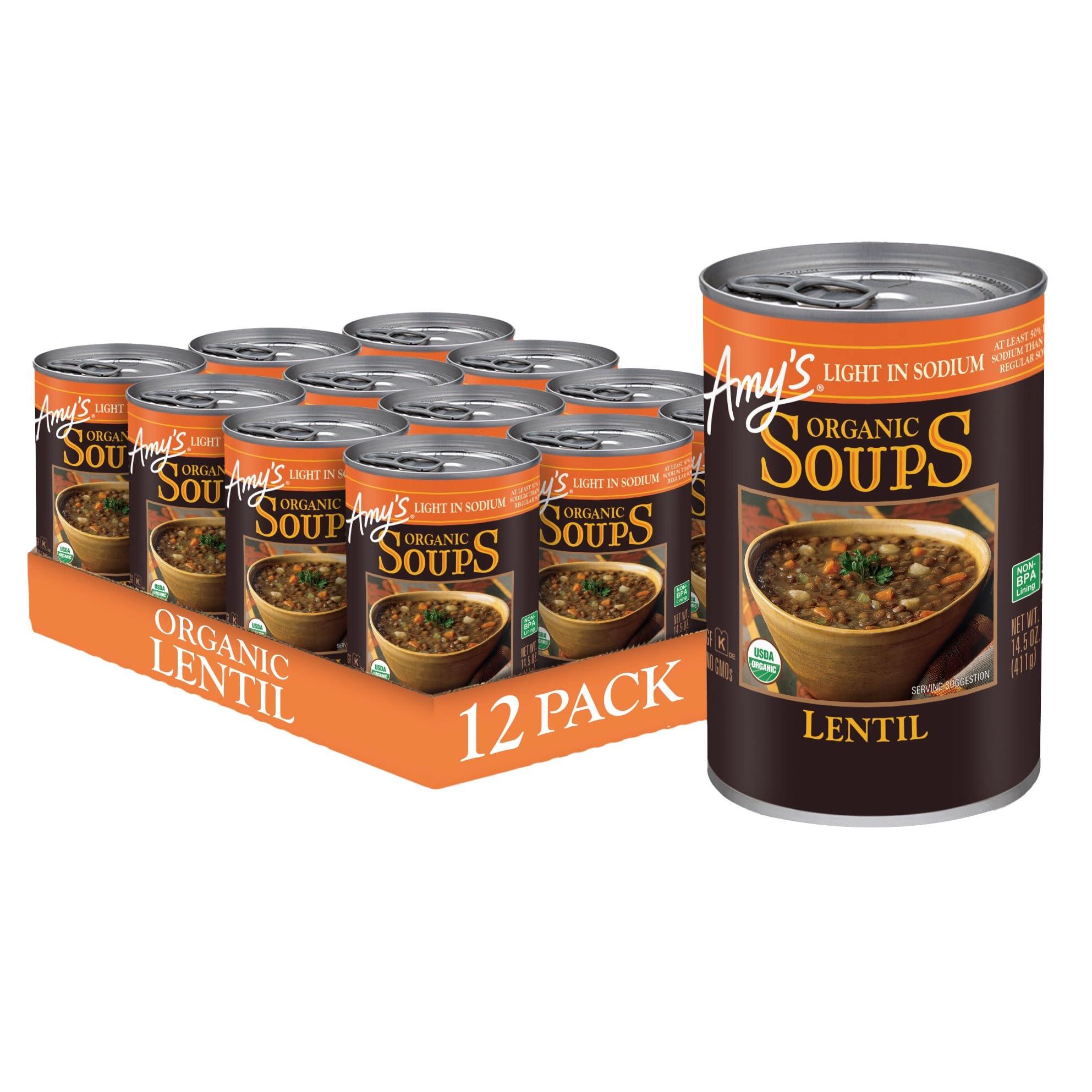 Amy’s Soup, Vegan Lentil Soup, Light in Sodium, Gluten Free, Made With Organic Green Lentils and Vegetables, Canned Soup, 14.5 Oz (12 Pack)