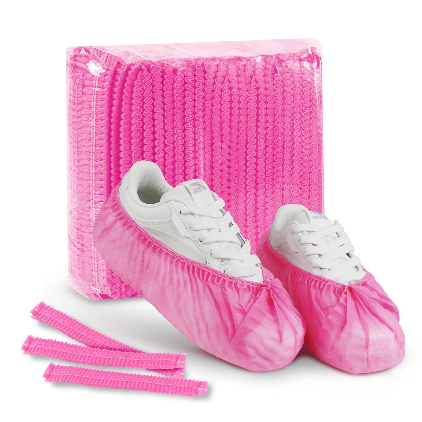 Disposable non-woven striped shoe covers (100 pcs - 50 pairs) durable, breathable, moisture-proof, thickened, odourless, simple and stylish design, suitable for men's size and women's size (Pink.)