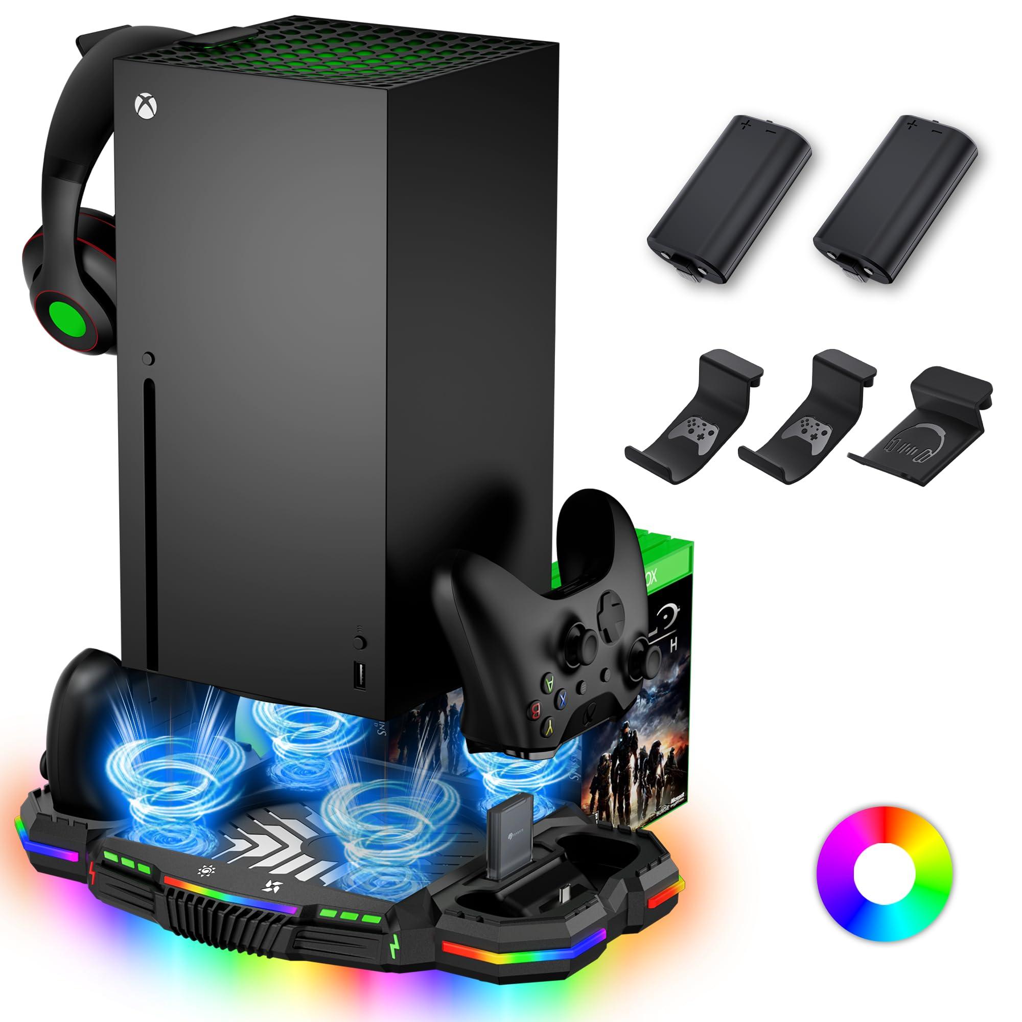 Cooling Fan Charging Stand for Xbox Series X Console and Controller - Vertical Cooler System & Charger Station with 15 RGB Light Modes, 2 Batteries and 3 Holders for Xbox Series X Accessories Storage