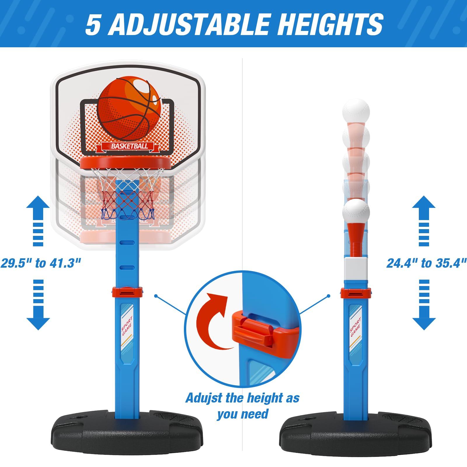 HYES 2 in 1 Kids Basketball Hoop and T Ball Set - Adjustable Height, Kids Baseball Tee with Automatic Pitching Machine, Indoor Outdoor Sport Toys Gifts for Toddler Boys Girls Age 1-5, Blue - Image 4