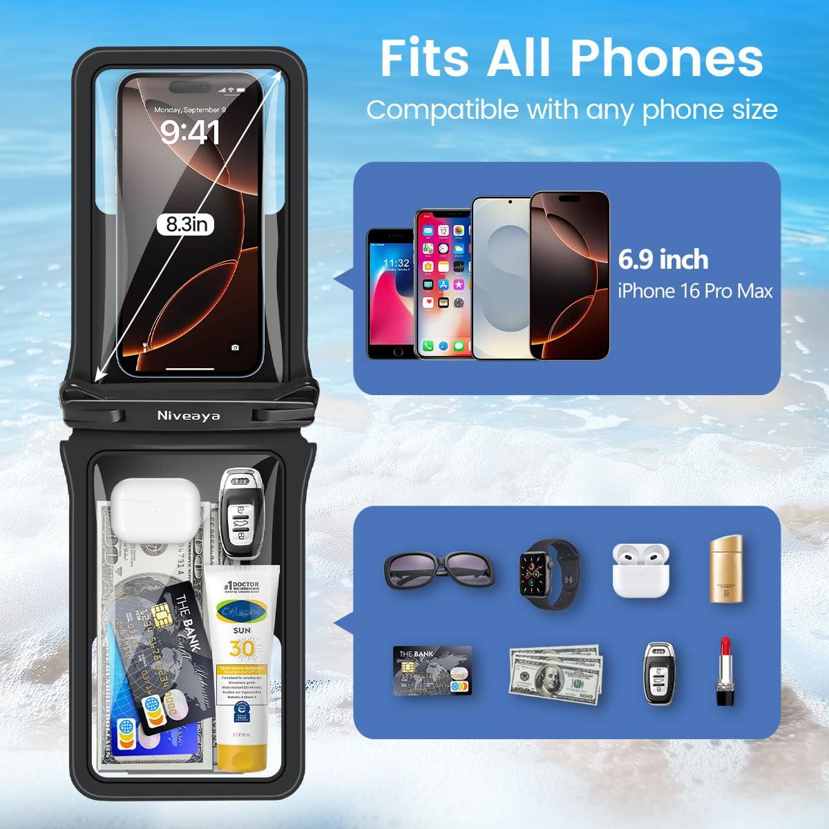 Niveaya Double Space Waterproof Phone Pouch - 2 Pack, Waterproof Phone Lanyard Case with iPhone 16/15/14/13/12 Pro Max up to 8.3", Phone Dry Bags for Vacation Beach Pool Kayak Cruise Travel Essentials - Image 3