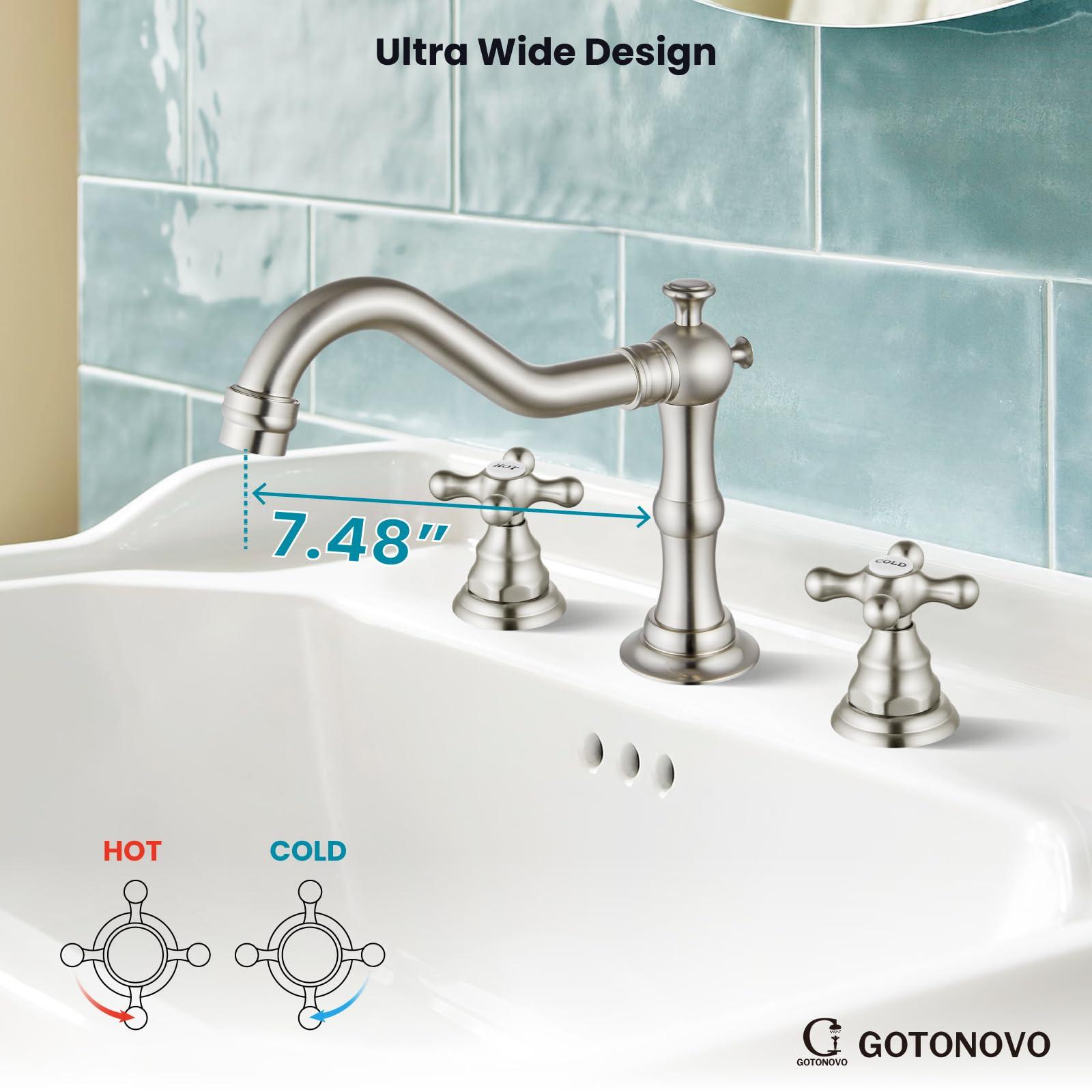 gotonovo Bathroom Sink Faucet Widespread Brushed Nickel Double Mixing Tap Deck Mount Cross Knobs 3 Hole with Pop Up Drain - Image 3