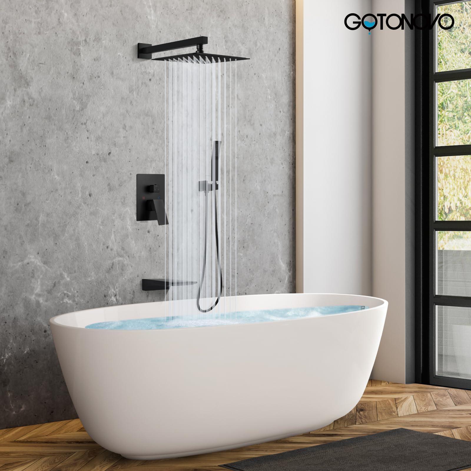 gotonovo Shower System with Tub Spout,Waterfall Tub Shower Faucet Set for Bathroom Head and Handle Set Wall Mounted 3 Function Rough-in Valve and Trim Included 10 inch Shower Head Matte Black - Image 2