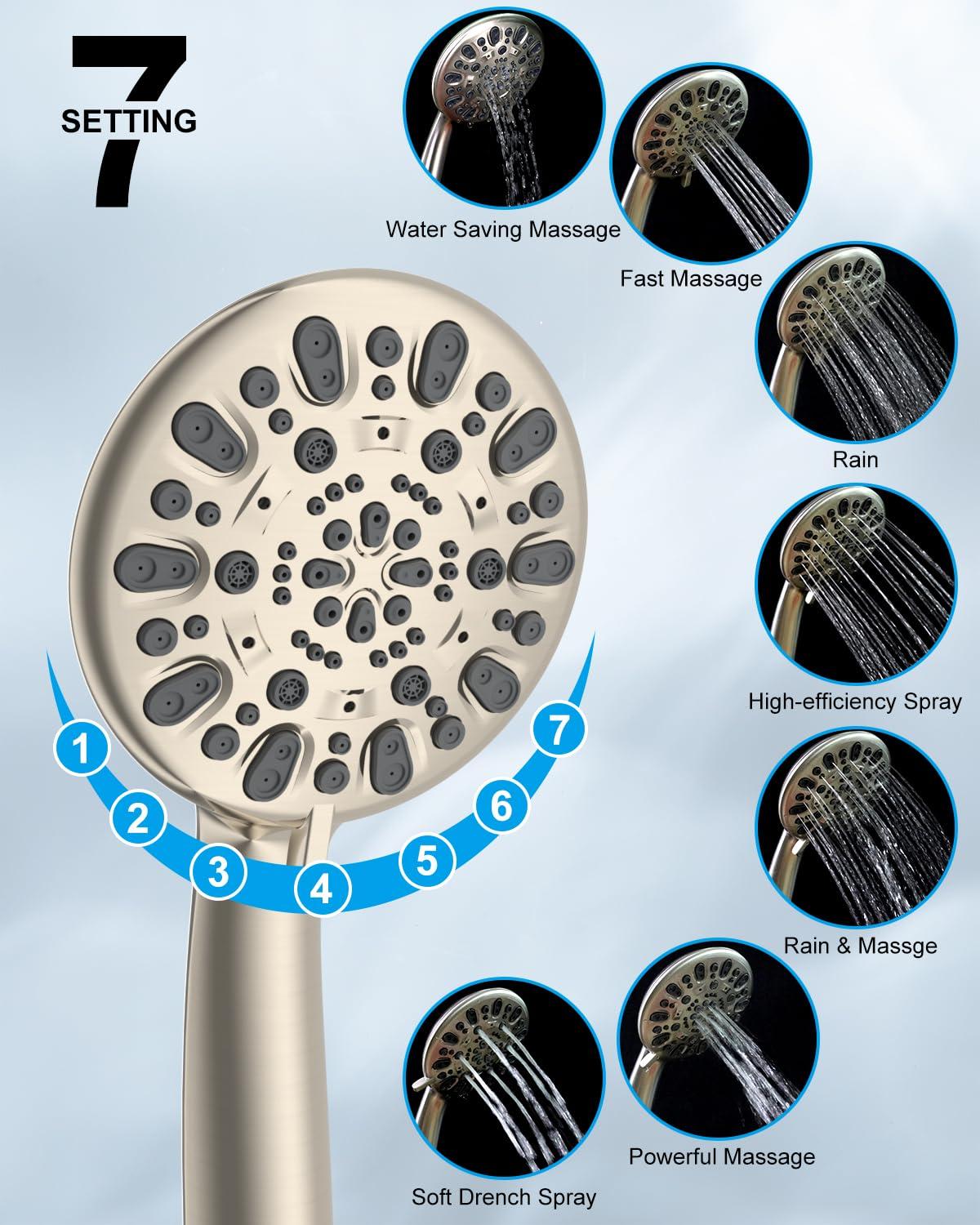 Hibbent All Metal Shower Head,10'' High Pressure Rain Shower Head/Handheld Showerhead Combo with 16'' Adjustable Shower Extension Arm, 7-Spray, 71'' Hose Adhesive Showerhead Holder, Brushed Nickel - Image 6