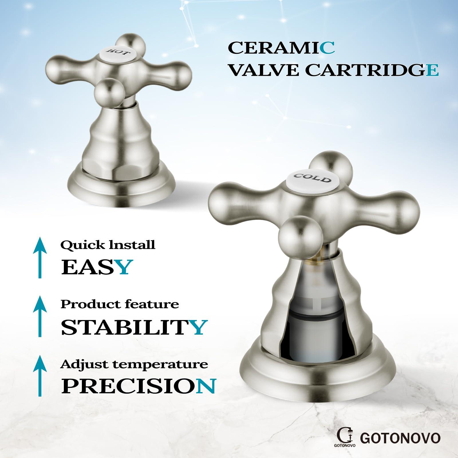gotonovo Bathroom Sink Faucet Widespread Brushed Nickel Double Mixing Tap Deck Mount Cross Knobs 3 Hole with Pop Up Drain - Image 7