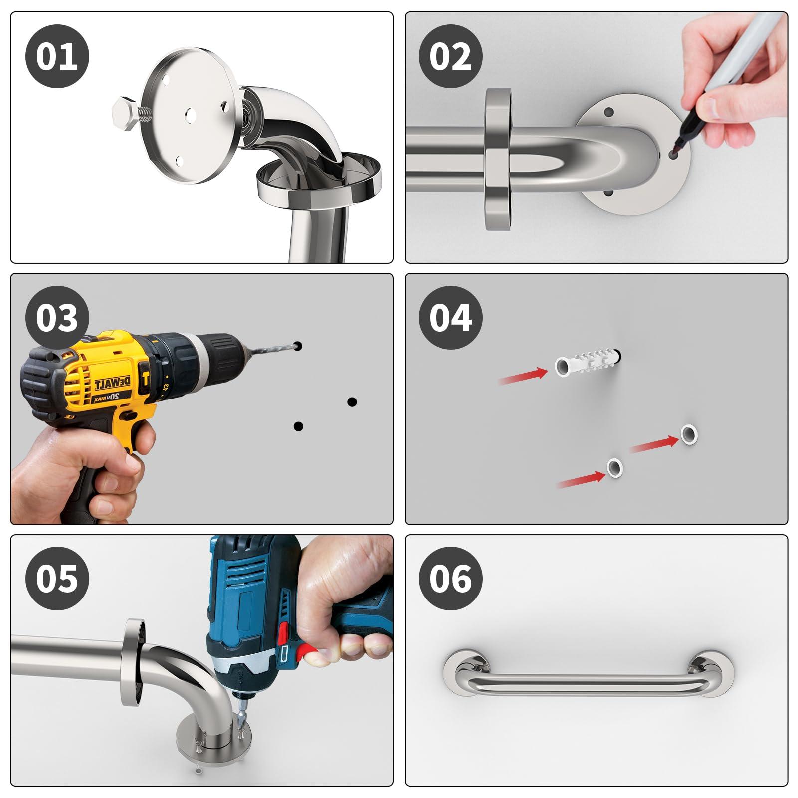 12 Inch Stainless Steel Shower Grab Bar - ZUEXT Shower Handle, Bathroom Balance Bar - Safety Hand Rail Support - Handicap, Elderly, Injury, Senior Assist Bath Handle (w/Self-Adhesive Stick-on Hook) - Image 6