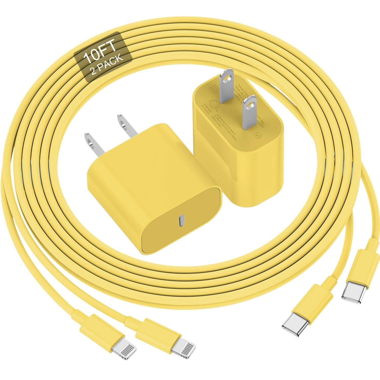 Phone Charger Fast Charging 10 FT, Long USB C to Lighting Cable 10 Foot with 20W USB C Rapid Phone Charger Block, Compatible with iPhone 14 Pro/13Pro Max/12/11Pro/Mini, 2 Pack - Yellow