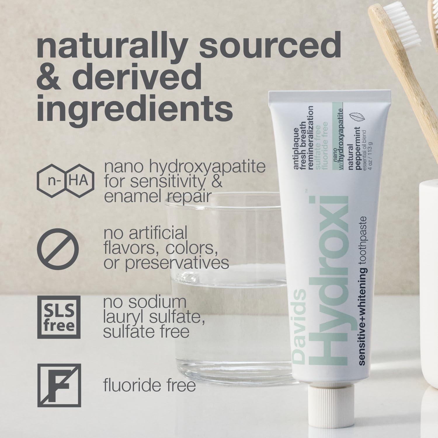 Davids Hydroxi Fluoride Free Nano Hydroxyapatite Toothpaste for Remineralizing Enamel & Sensitive Relief, Whitening, Antiplaque, SLS Free, Natural Peppermint, 4 oz, Made in USA - Image 5