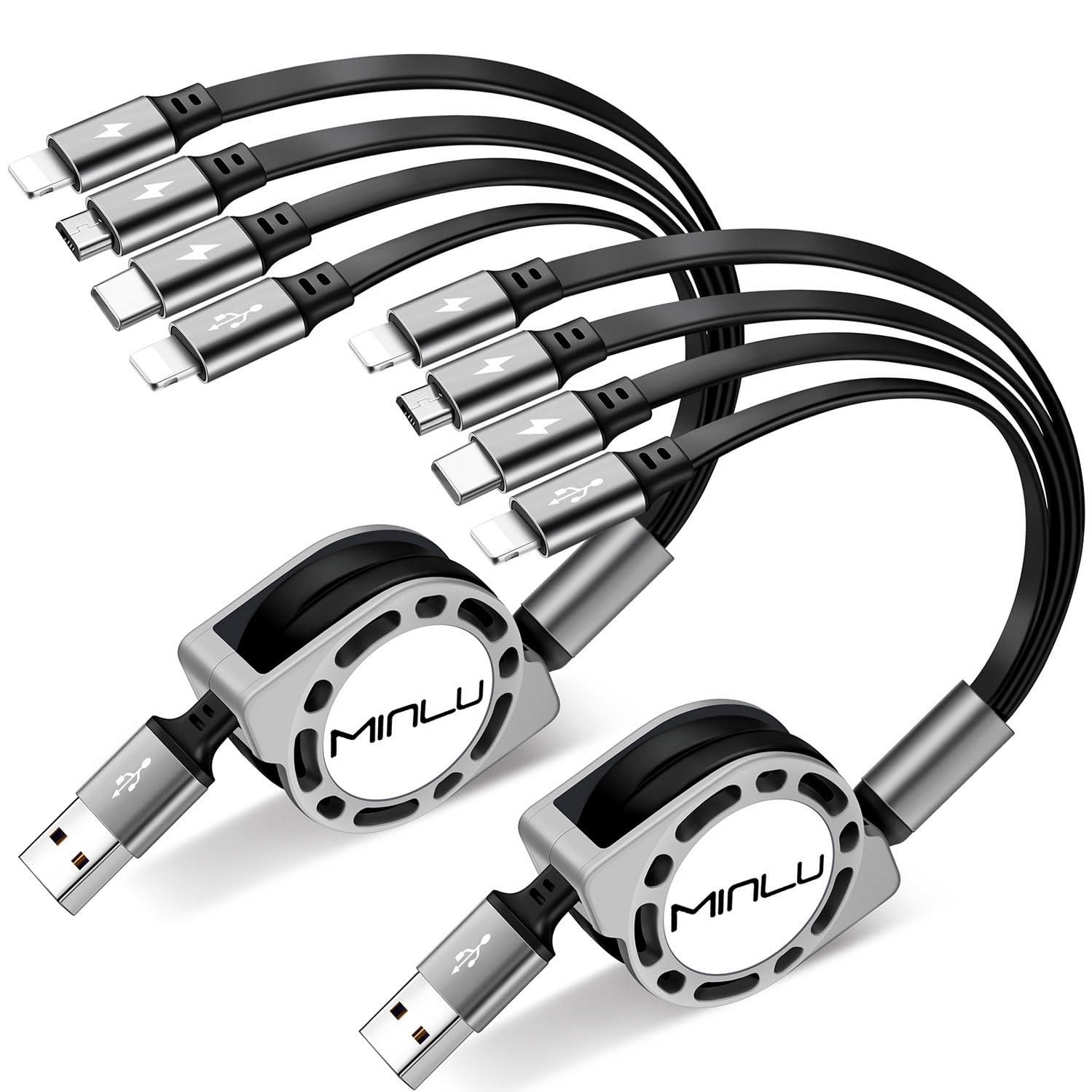MINLU Multi Charging Cable 4A, 2Pack 4Ft Retractable Multi Fast Charger Cable, Multiple Charging Cord, 4 in 1 Multi USB Cable with Type C/Micro USB Ports for Cell Phones/IP/Galaxy/PS/Tablets/iPads