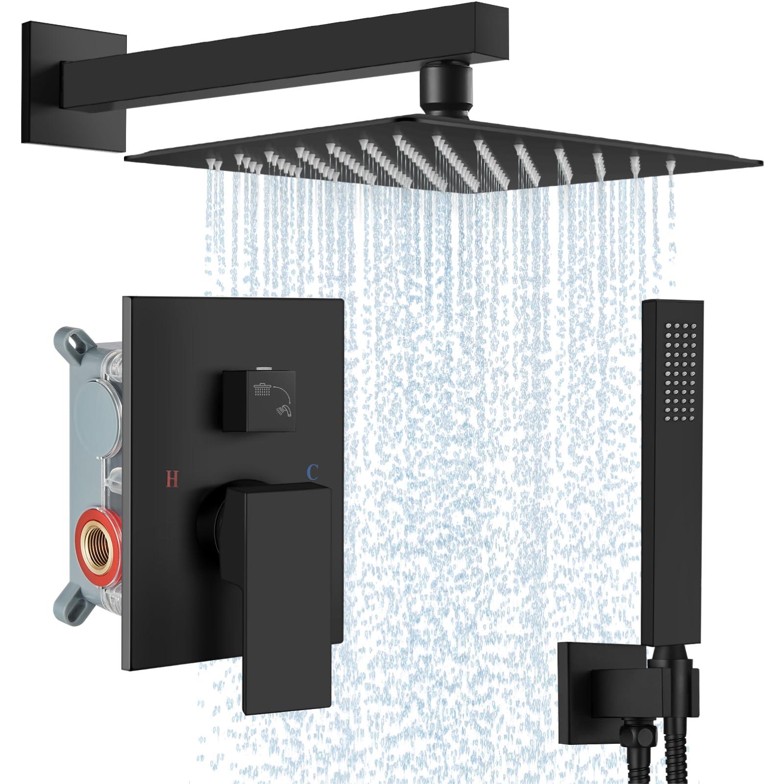 Midanya Rain Shower System Square Rainfall Shower Head Wall Mount Shower Faucet Set with Hand Sprayer Rough-in Valve Trim Kit Bathroom Mixer Shower Combo Set,10 Inch,Matte Black