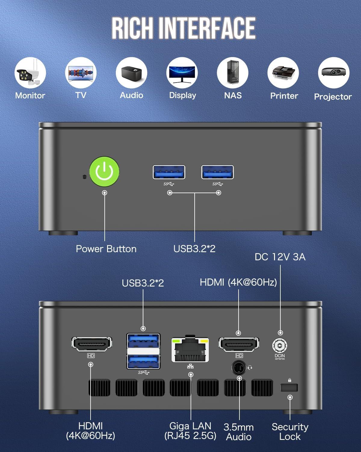 GMKtec Mini PC Intel N150 (Turbo 3.6GHz) 16GB DDR4 1TB PCIe M.2 NVMe SSD, Intel i226-V Desktop Computer 4K Dual HDMI Display/4x USB3.2/WiFi 6/BT5.2/RJ45 Ethernet Nucbox G3 Plus - Image 4