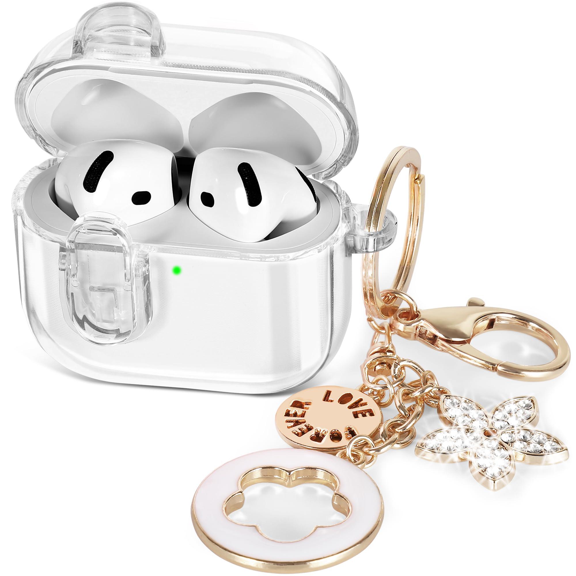 (with Safety Lock) Clear Case Compatible with Cute Apple Airpods 4 Case 2024 Women, Transparency Soft TPU Air pods 4 Gen Cases iPods 4 Earbuds Cases Girl Bling Keychain for Airpod iPods 4th Generation