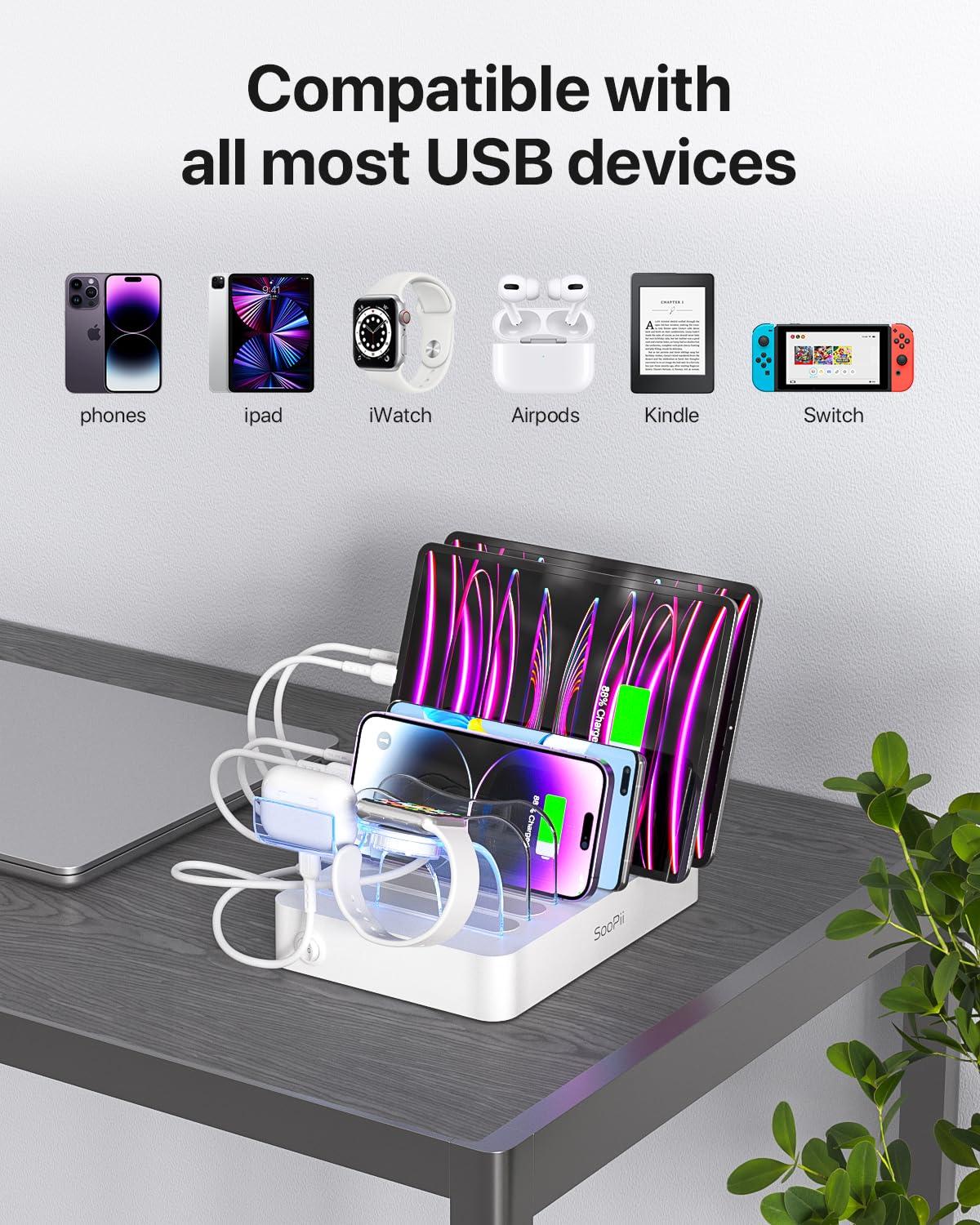 SooPii Premium 6-Port USB Charging Station Organizer for Multiple Devices, 6 Short Charging Cables and One Upgraded i-Watch Charger Holder Included, for Phones, Tablets, and Other Electronics, White - Image 6