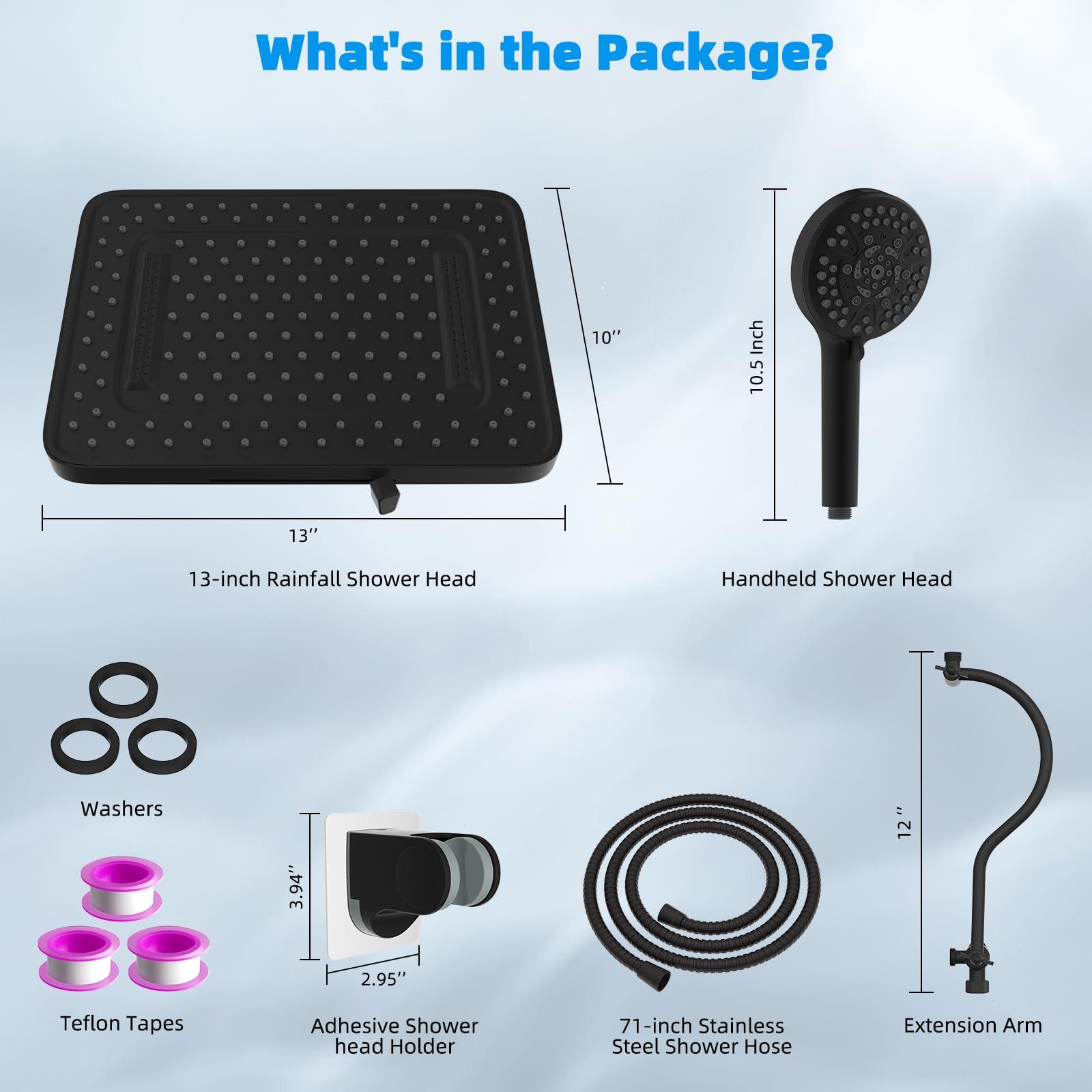 Hibbent Upgraded 5-spray 13'' Shower Head, High Pressure Rainfall Shower Head, Dual Showerhead Combo with 10-mode Handheld Spray, 12'' Adjustable Extension Arm, 71'' Hose, Shower Holder, Matte Black - Image 3