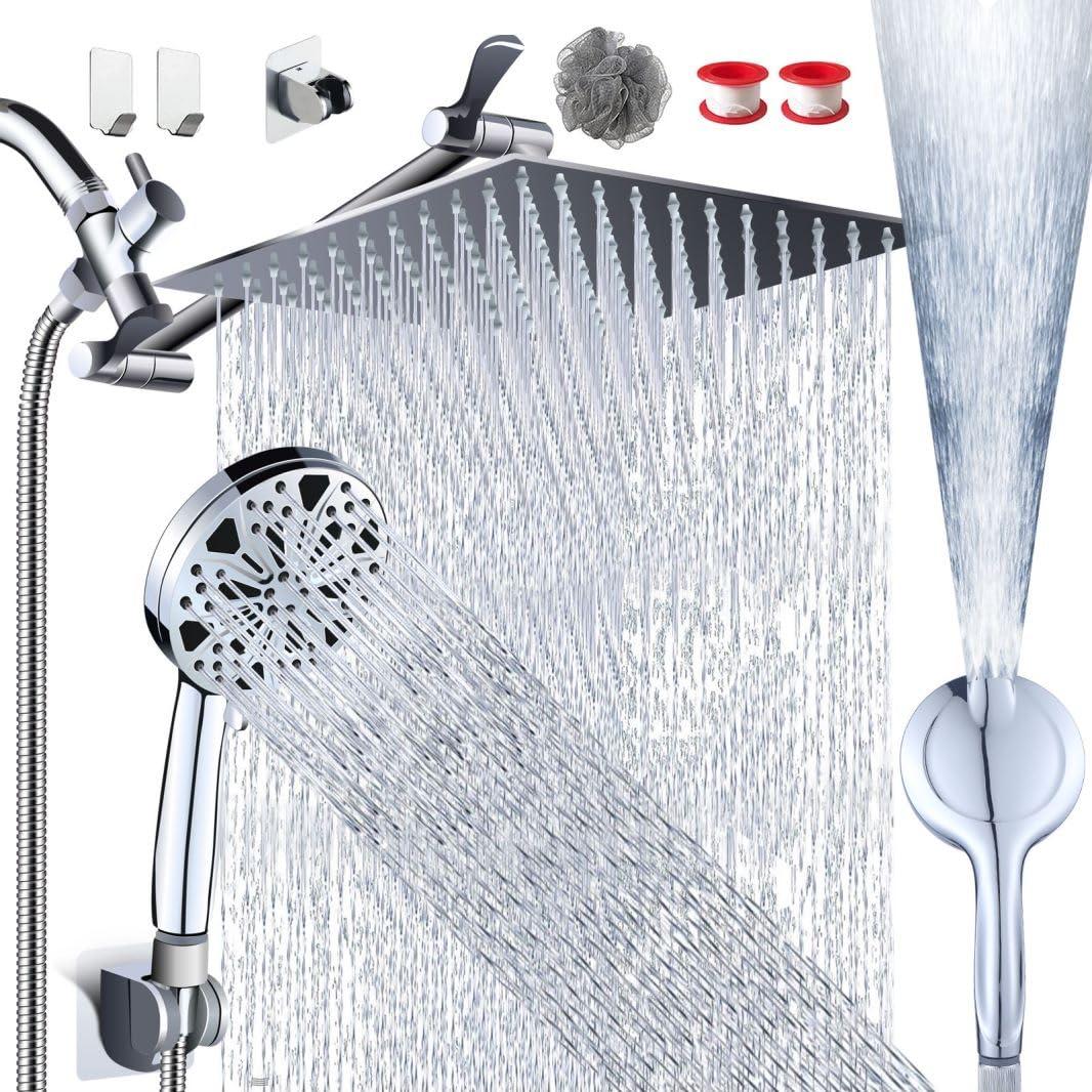 Razime 12''Rainfall Shower Head with Handheld Combo High Pressure 8+2 MODE built-in power wash, Stainless Steel Chrome Showerhead with 11'' Extension Arm Height/Angle Adjustable with Holder&60"Hose