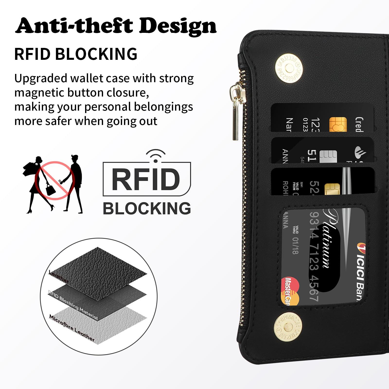 Vofolen for iPhone 16 Pro Max Case with Card Holder Crossbody Strap Leather Flip Case with Magnetic Clasp Kickstand Zipper Pocket Metal Ring Heavy Duty Protective Wallet Phone Case for Women, Black - Image 6
