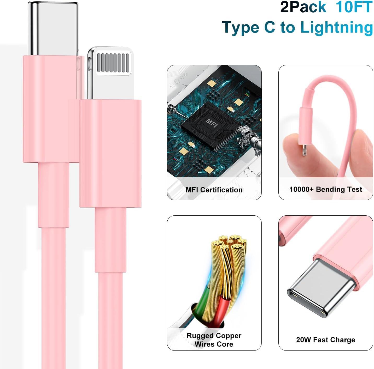 Phone Charger Fast Charging 10 FT, Long USB C to Lighting Cable 10 Foot with 20W USB C Rapid Phone Charger Block, Compatible with iPhone 14 Pro/13Pro Max/12/11Pro/Mini, 2 Pack - Pink - Image 5