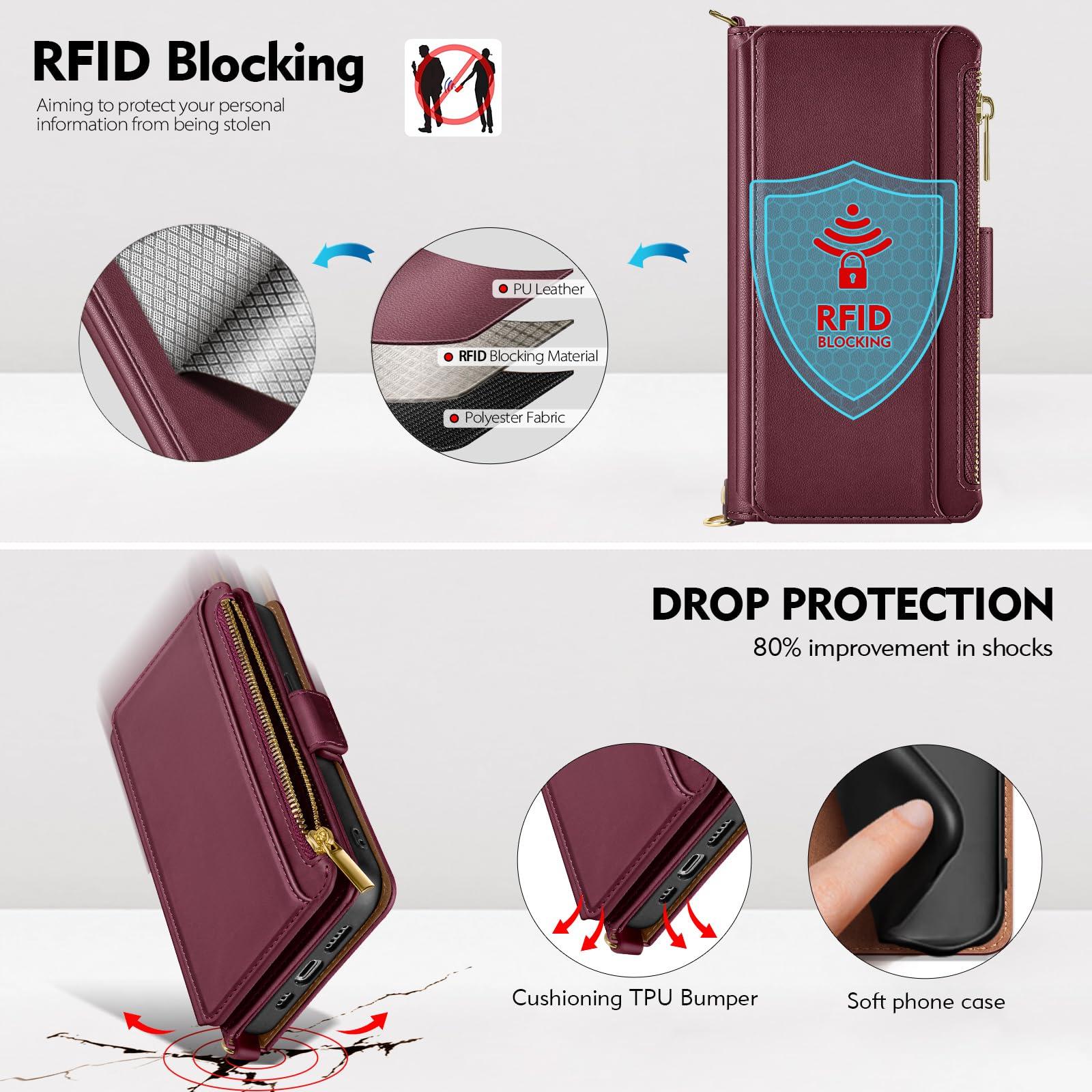 Antsturdy Compatible with iPhone 16 Pro Max Wallet Case for Women【RFID Blocking】 Crossbody Phone Case PU Leather Zipper with Wrist Strap Flip Cover Credit Card Holder for Apple 16 Pro Max,Wine Red - Image 6