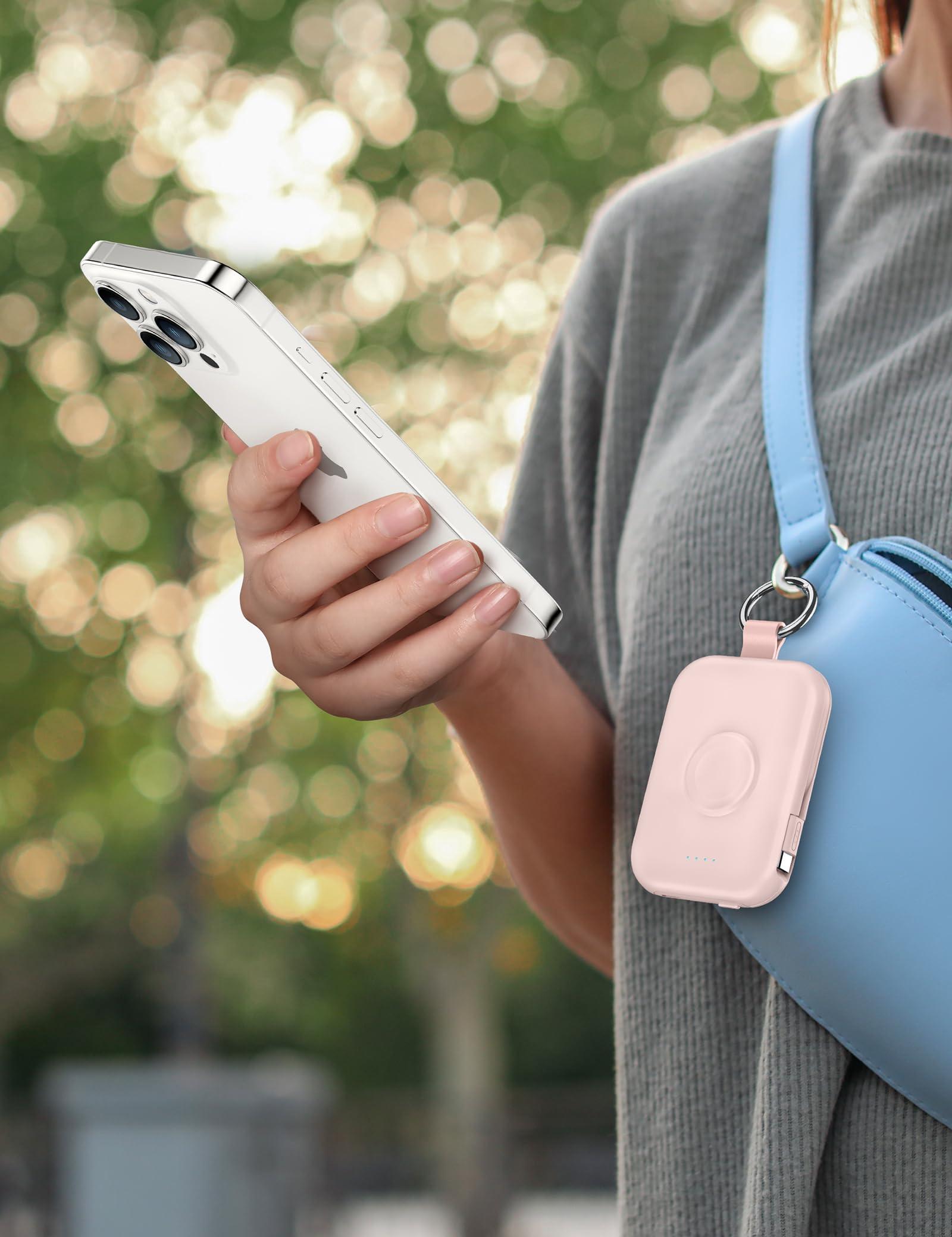 RORRY Portable Charger, 5000mAh Portable Charger Power Bank with Built-in Cables, Travel Keychain Battery Pack for Apple Watch Ultra 2/10/9/8/Ultra/7/6/SE/5, iPhone 16/15/14/13/12, Pink - Image 5