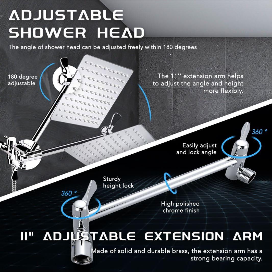 Razime 12''Rainfall Shower Head with Handheld Combo High Pressure 8+2 MODE built-in power wash, Stainless Steel Chrome Showerhead with 11'' Extension Arm Height/Angle Adjustable with Holder&60"Hose - Image 6
