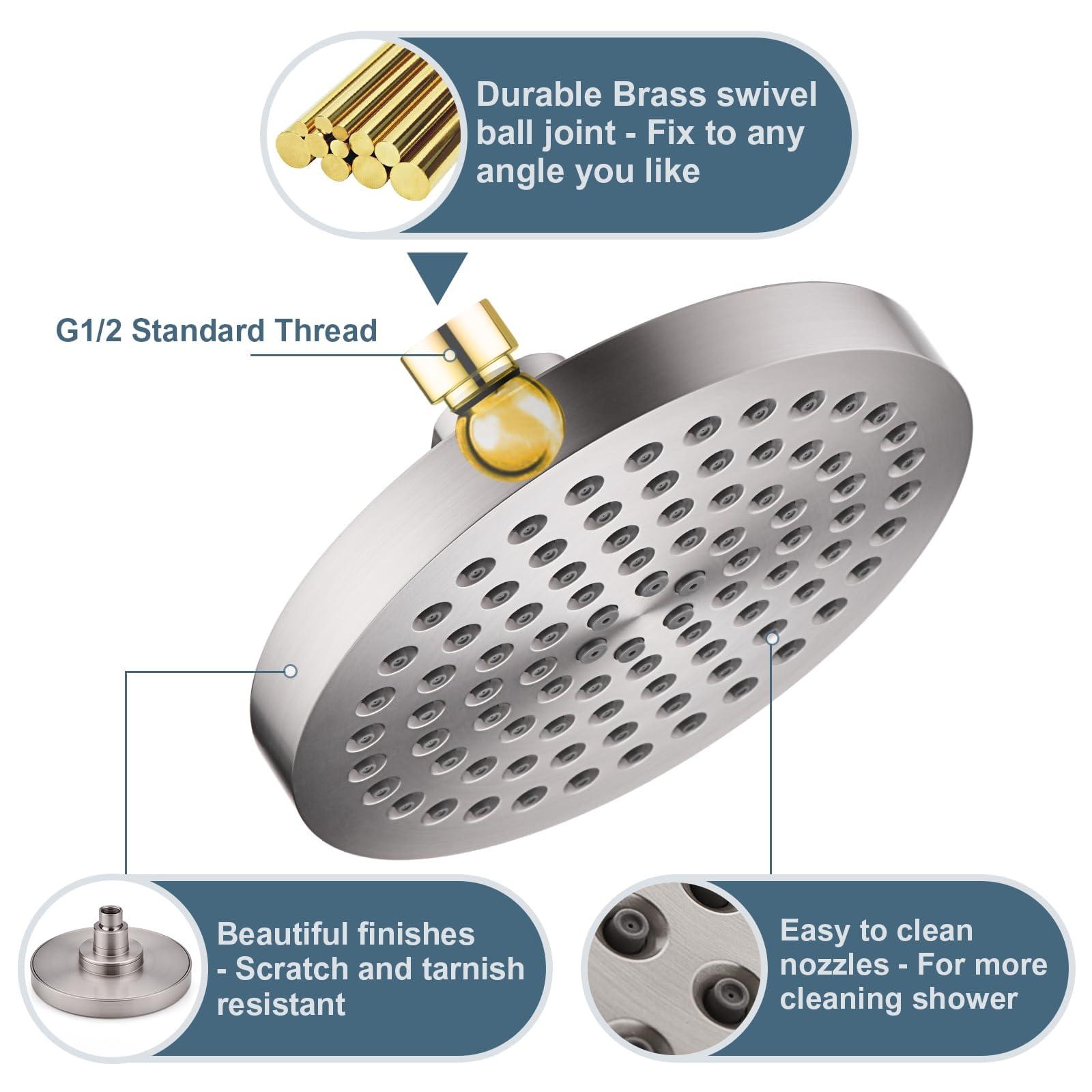 BRIGHT SHOWERS High Pressure Shower Head, 6 Inch Rain Shower Head, 2 Spray Settings Rainfall Shower Heads, Adjustable Angle Replacement Bathroom Showerhead, Easy Installation Brushed Nickel - Image 2