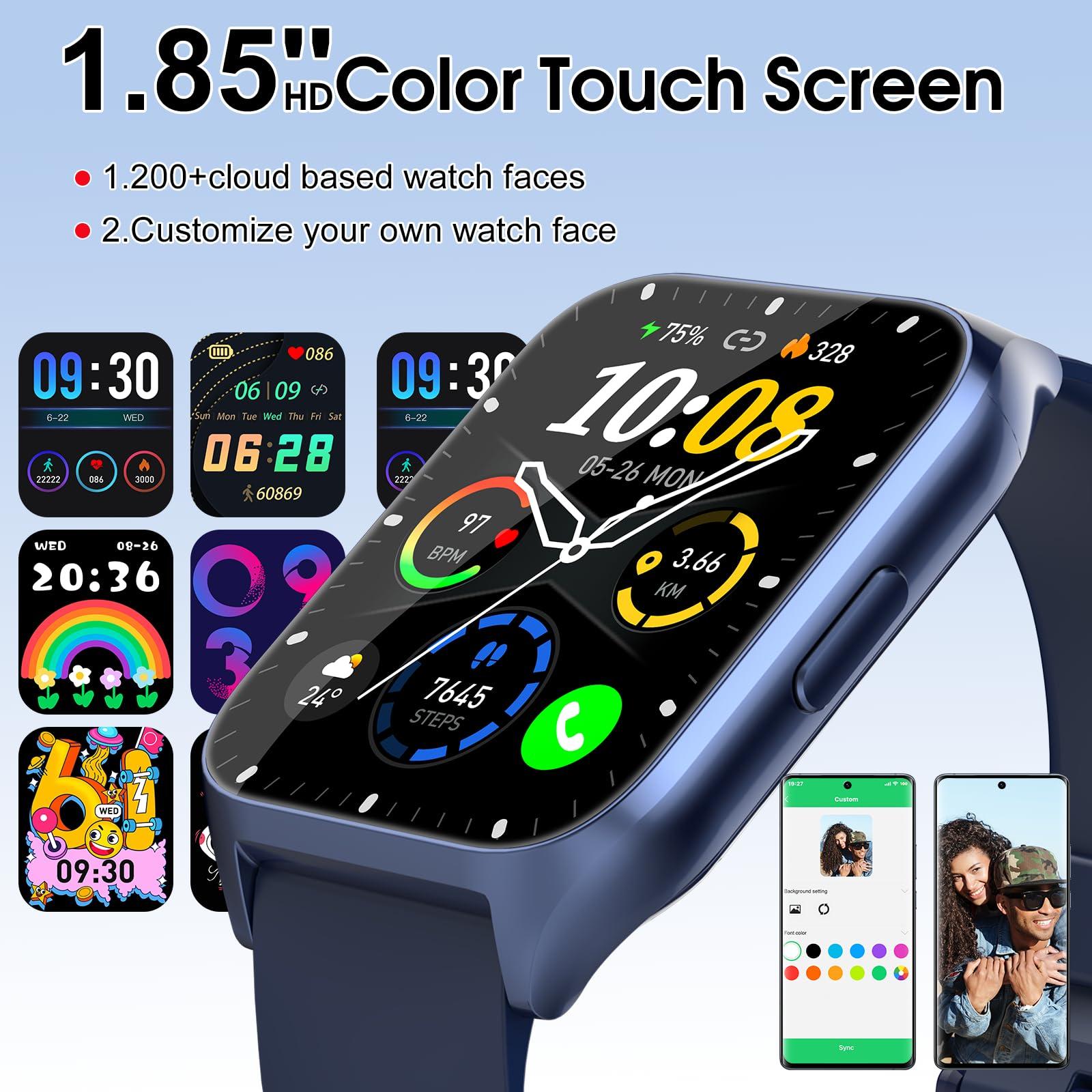Smart Watch (Answer/Make Call), 1.85" Smartwatch for Men Women, 2025 Fitness Watch, 110+ Sport Modes/Heart Rate/Sleep Monitor/Pedometer, IP68 Waterproof Fitness Activity Tracker for Android iOS, Blue - Image 3