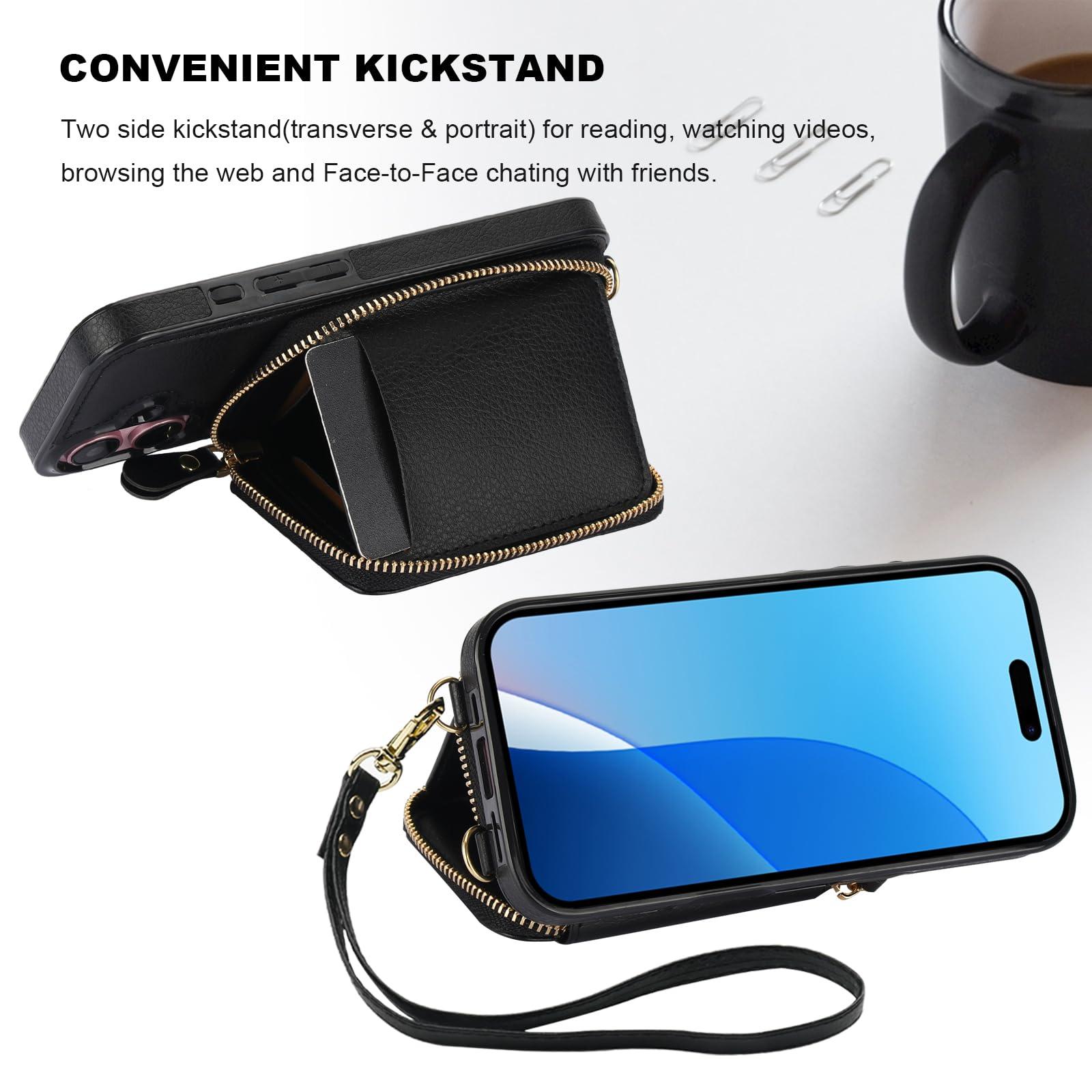 Bocasal RFID Blocking Wallet Case for iPhone 16, Adjustable Crossbody Zipper Purse Case Card Holder with Kickstand Detachable Wrist Strap, PU Leather Flip Folio Case 6.1 Inch 5G (Black) - Image 6