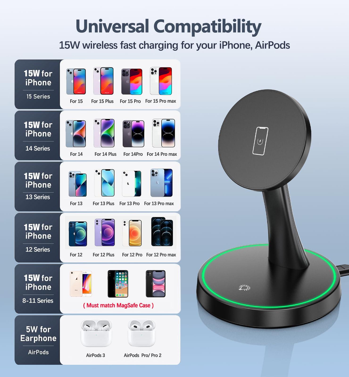 Magnetic Wireless Charger Stand 15W Fast Mag-Safe Charger for iPhone 16/16 Pro/16 Plus/16 Pro Max/15/14/13/12 Series Magnet Wireless Charging Station/Pad with Sleep-Friendly Light for AirPods - Image 7