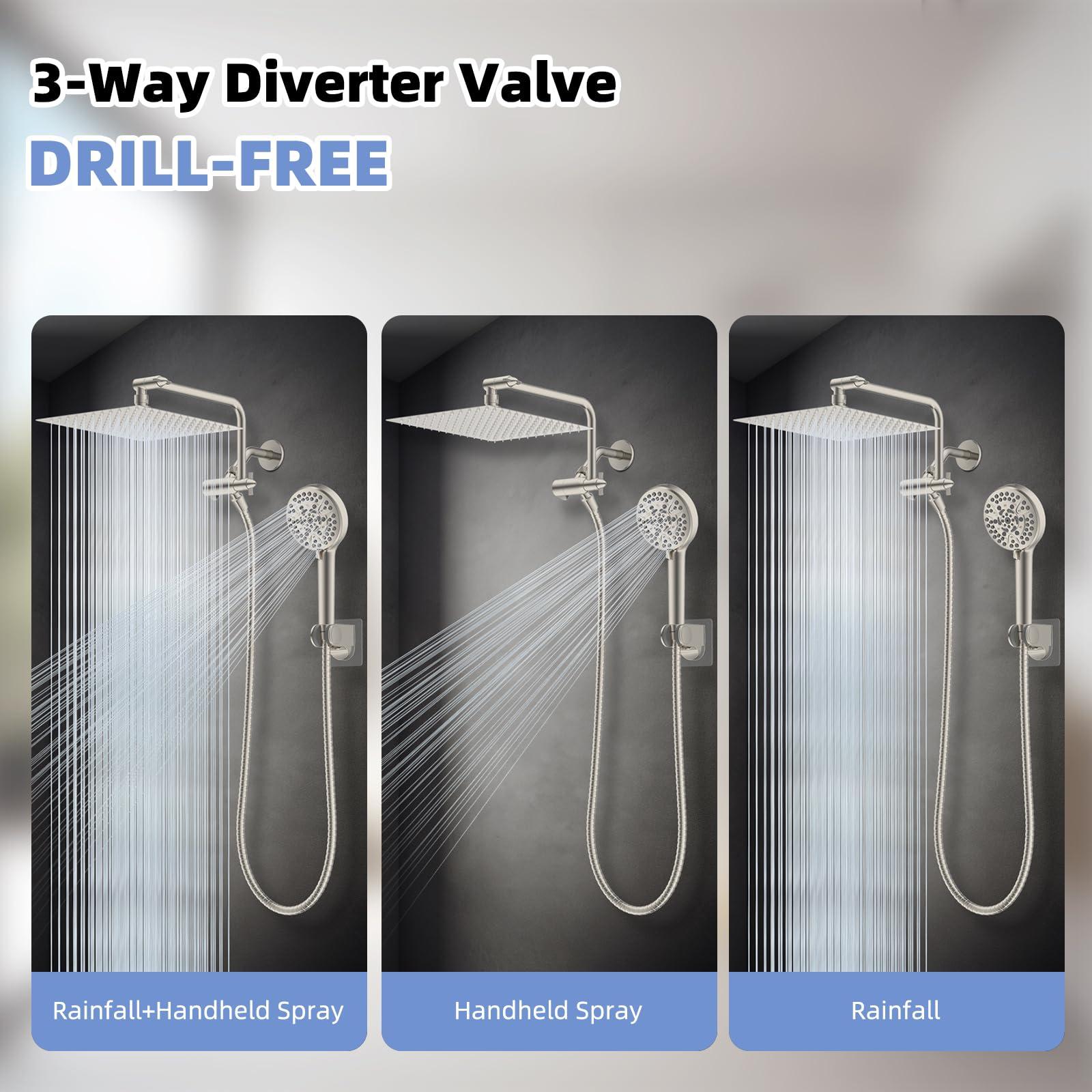 Hygie Rinse 12" All Metal Shower Head, High Pressure 10-Spray Handheld Showerhead Rainfall Shower Head Combo with 11" Adjustable Shower Extension Arm, 71" Hose, Shower Head Holder, Brushed Nickel - Image 5