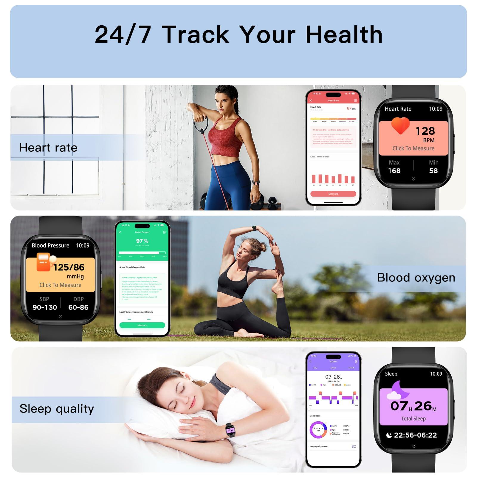 Smart Watches for Men Women Answer/Make Call, 1.85" Fitness Watch with 120+ Sports Modes, Heart Rate/Blood Oxygen/Activity Tracker, Pedometer, IP68 Smartwatch for iOS Android Samsung (Black, 1.85”) - Image 4
