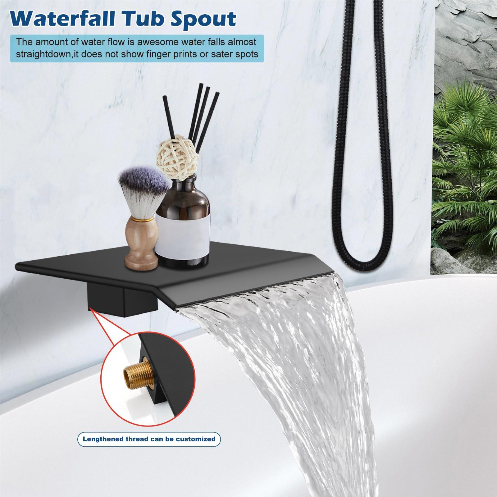 Midanya Rain Shower System Tub Shower Faucet Set Square Rainfall Head with Handheld Sprayer and Waterfall Tub Spout Rough-in Valve Included,8 Inch Matte Black - Image 2