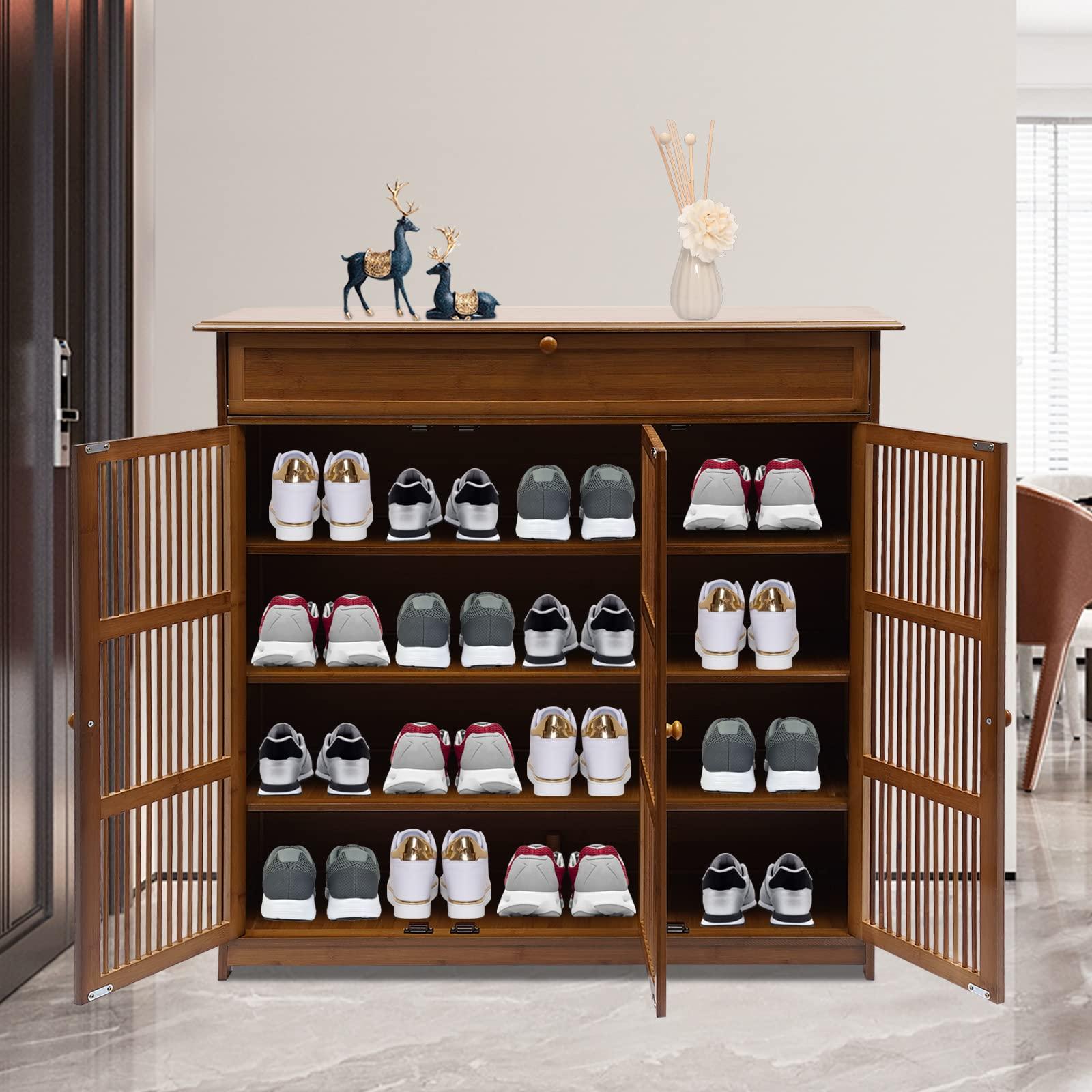 GUDBYWXB 39" Bamboo Shoe Cabinet with Drawer 3-Doors Shoe Cabinet High Heels Storage Rack, for Bathroom, Living Room, Kitchen, Entrance, Etc - Image 8