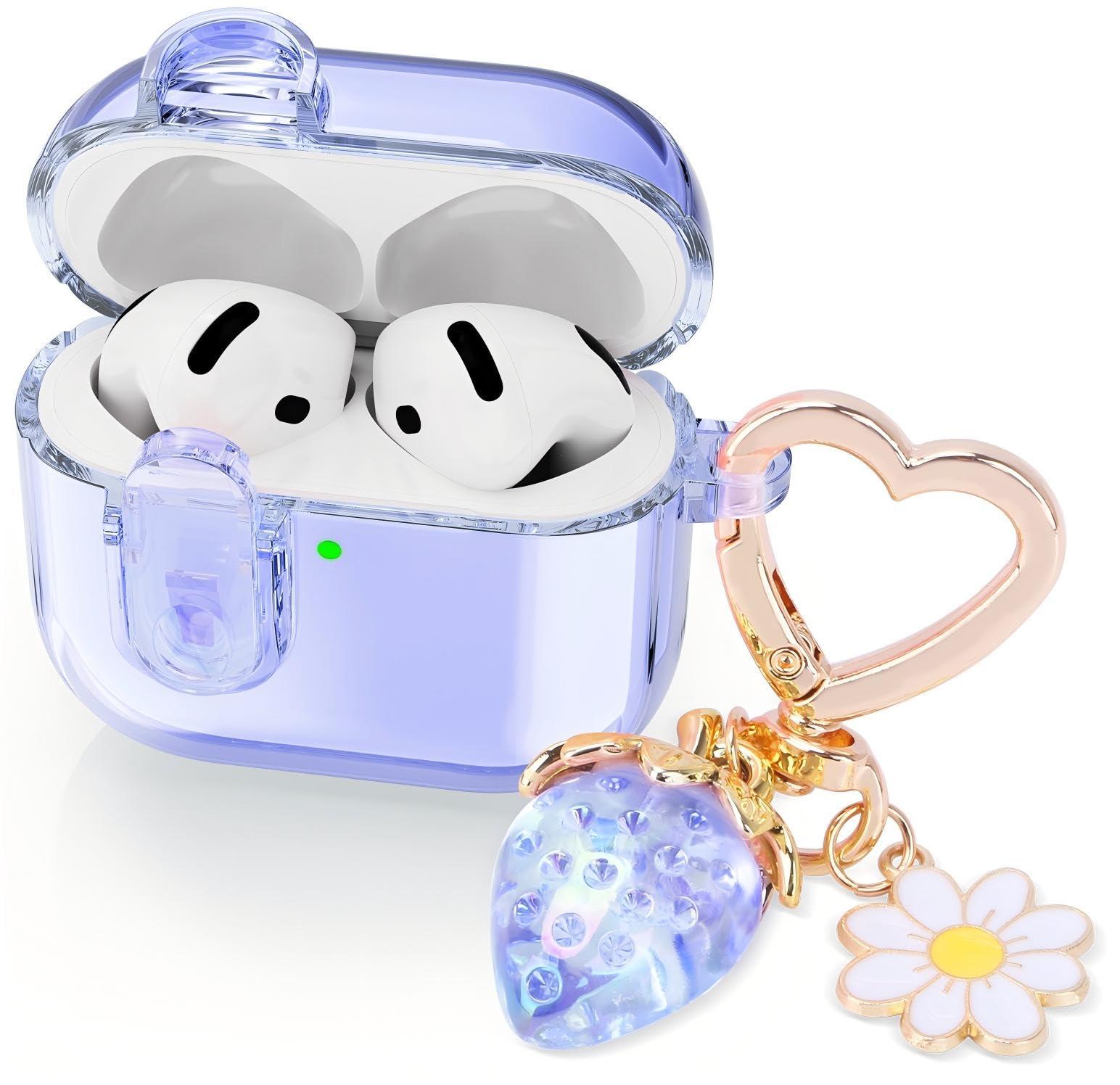 (with Safety Lock) Clear Case Compatible with Airpods 4 Cases 2024 Women, Cute Soft TPU Transparent AirPods 4th Generation Case iPods 4 Earbuds Cases Girl Strawberries Keychain for Airpod iPod 4th Gen