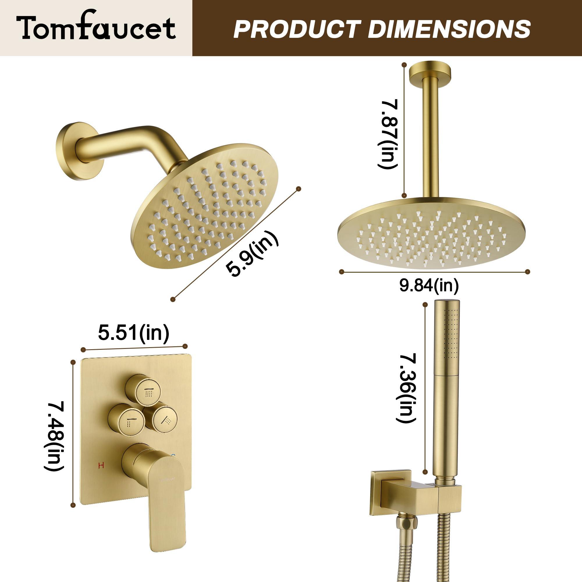 Tomfaucet Rain Shower System, Push Button Diverter Shower Faucet Set with 2 in 1 Handheld Spray, Wall Mount Shower, Ceiling Mount Shower Head 3-Function Rainfall Shower System-Brushed Gold - Image 3