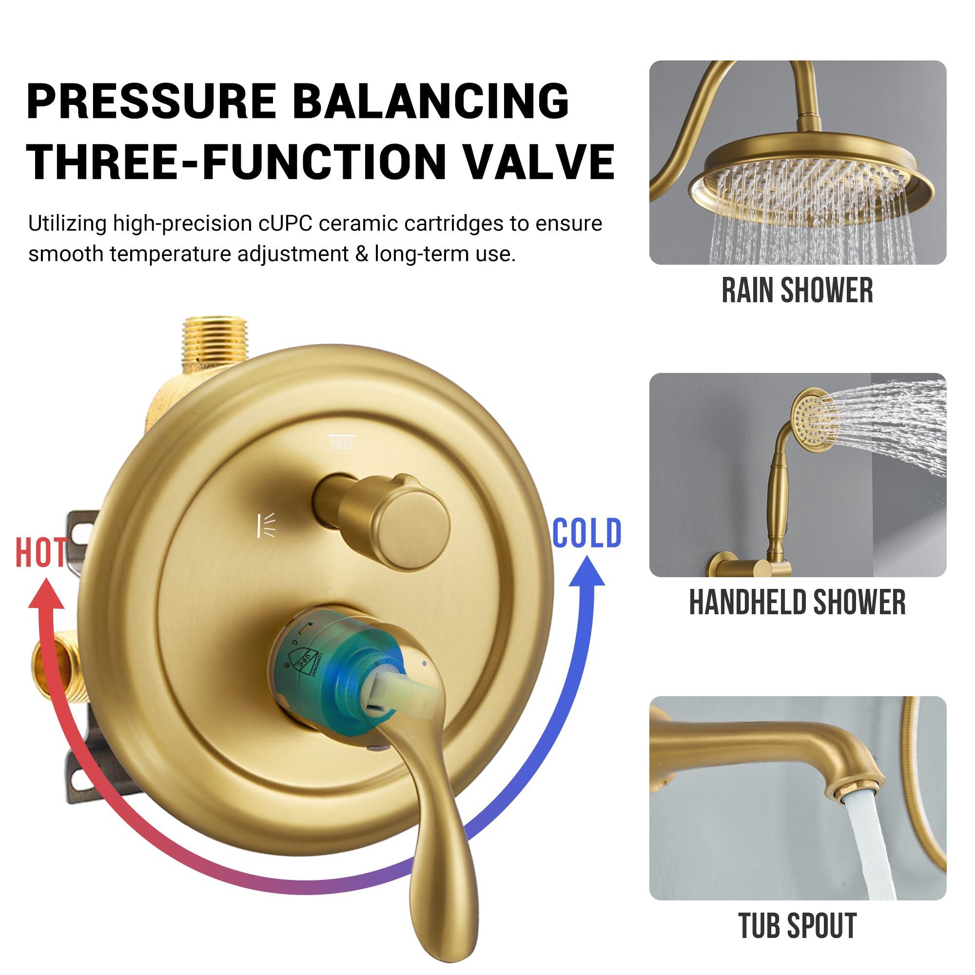 DASAN Brushed Gold Shower System with Tub Spout, Tub and Shower Faucet Combo Set with Valve & Trim Kit Bathtub Shower Faucet Set Bathtub Shower System with Rainfall Shower Head & Handheld, AT309W-BTG - Image 3