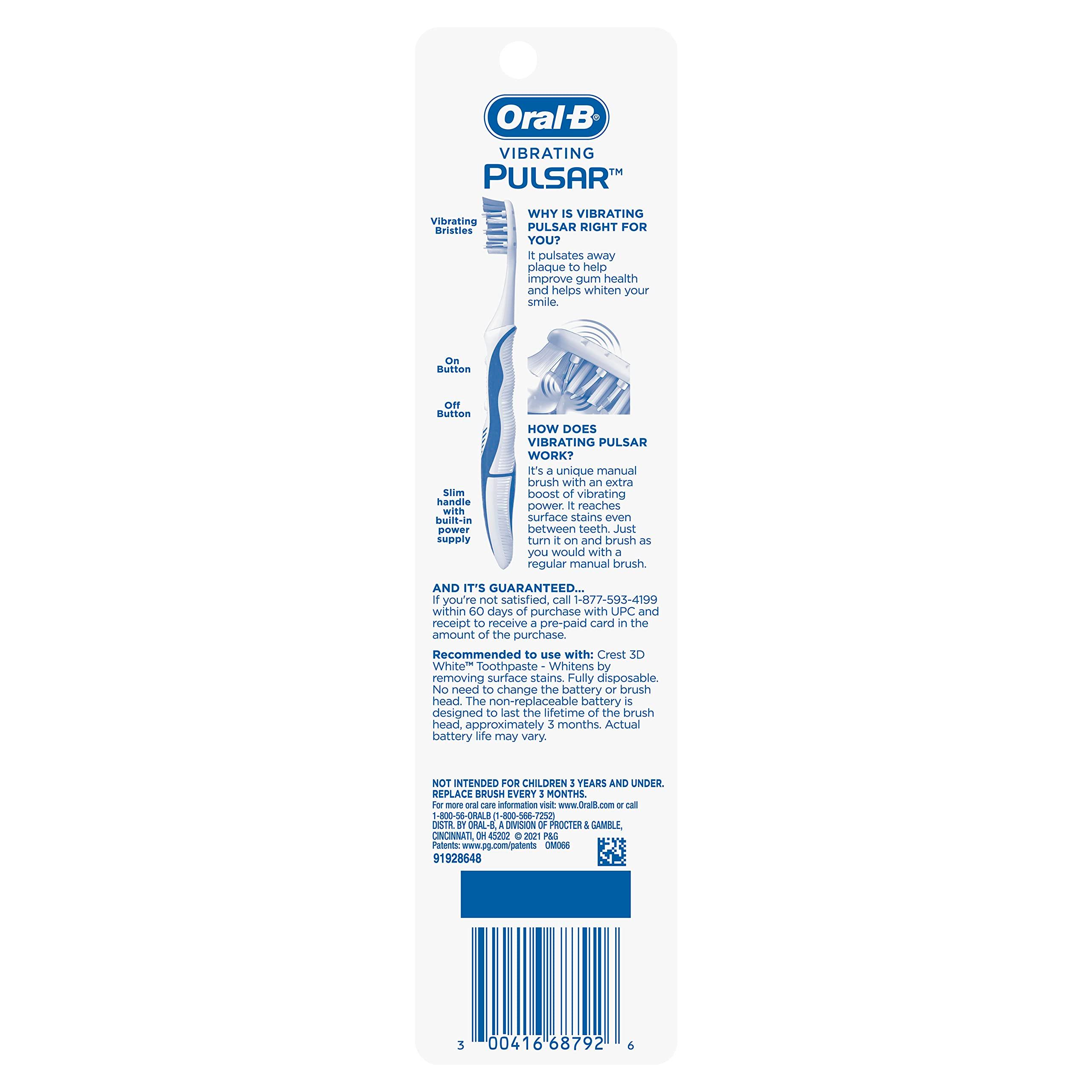 Oral-B Pulsar, Battery Powered 3D White Advanced Vivid Soft Toothbrush Twin Pack, Tooth Brush Pack, Travel Essentials (Colors May Vary) - Image 9