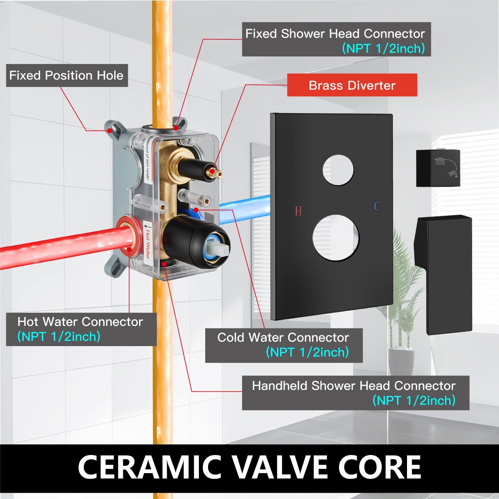 Midanya Rain Shower System Square Rainfall Shower Head Wall Mount Shower Faucet Set with Hand Sprayer Rough-in Valve Trim Kit Bathroom Mixer Shower Combo Set,10 Inch,Matte Black - Image 7