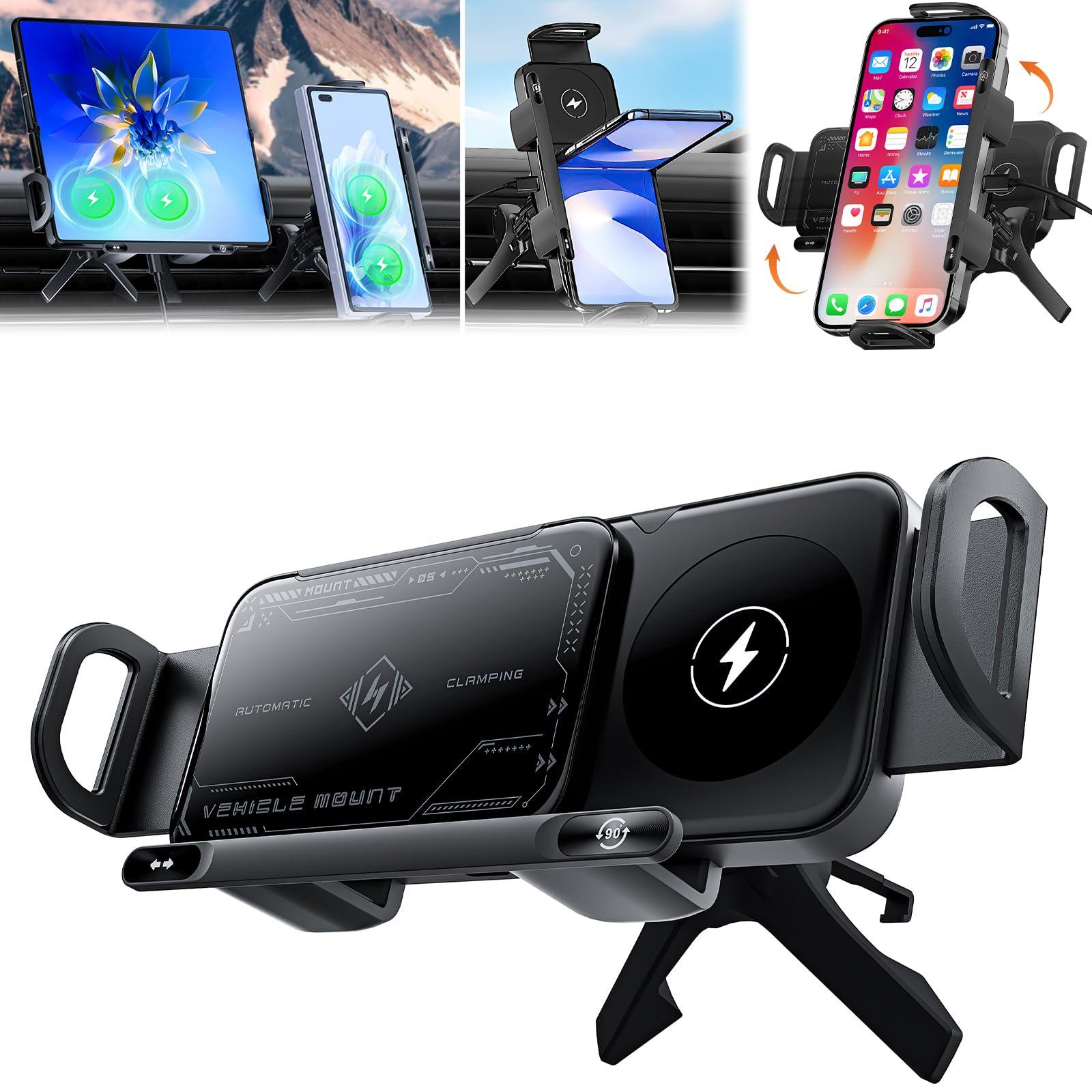 High Intelligent Mobile Phone/Pad Holder,2 in 1 Auto Rotating Phone Holder,Car Charger Fast Charging Cell Phone Holder,One-Touch Rotatable Car Vent Phone Mount for Smartphone/Pad/Foldable Phone(Black)