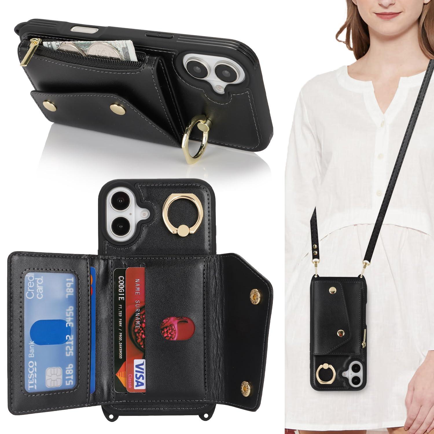 Lipvina for iPhone 16 Case with Card Holder and Strap - Zipper Pocket,Crossbody Lanyard Strap,Credit Card Holder,Stand Ring,Cute Phone Wallet Case for Women(Black,6.1 Inch)