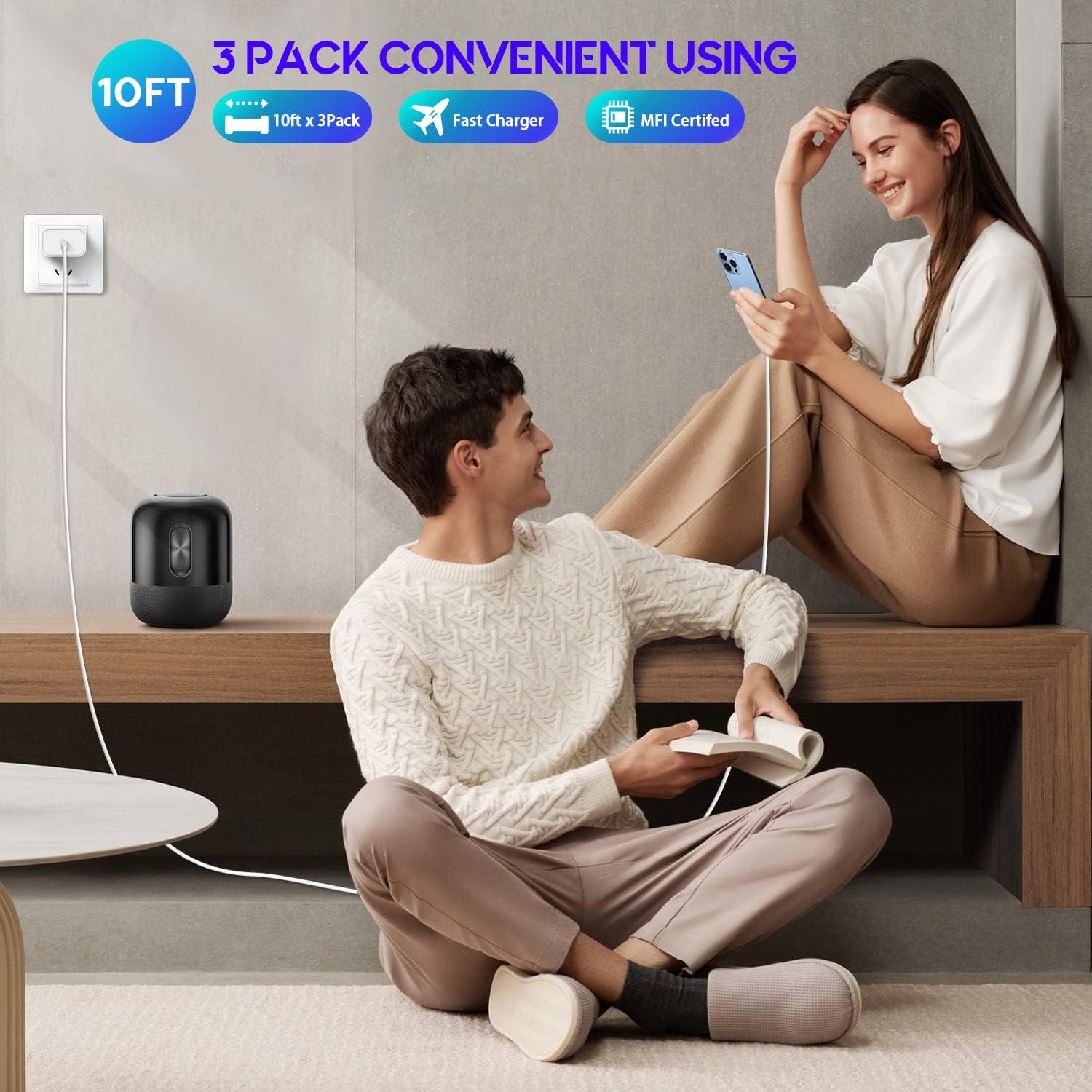 10Foot Fast iPhone Charging Cable,3-Pack Super Fast iPhone Charger USB C Charging Block Wall Charger PD Adapter with 10FT Type C to Lightning Cable Cord for iPhone 14/13/12/11Pro Max/XS Max/XS/XR/8/SE - Image 6
