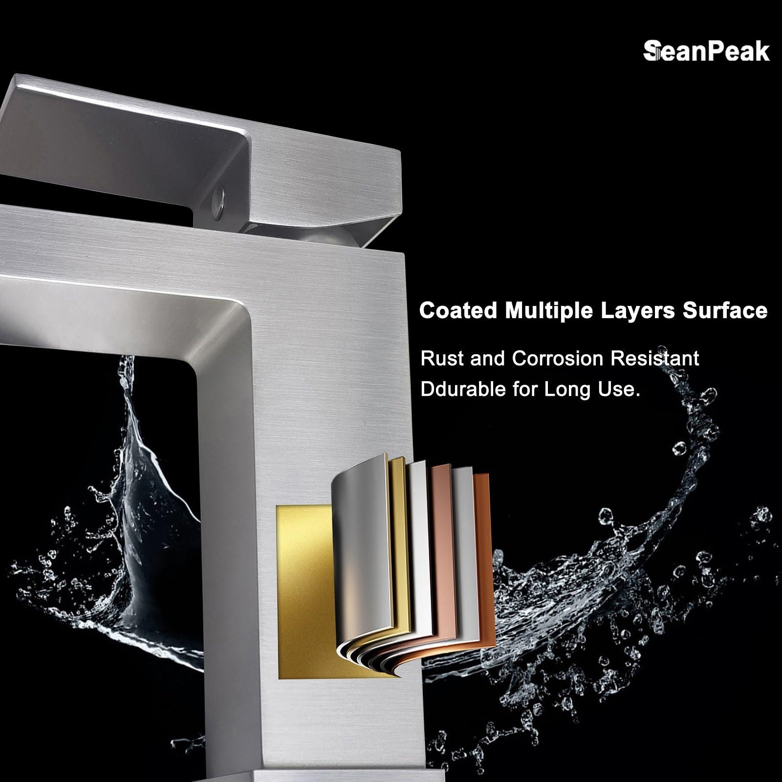 SeanPeak Bathroom Faucet, Brushed Nickel Bathroom Faucets, Solid Brass Sink Faucet, Lead-Free Single Handle Vanity Faucets with 2 Water Supply Hoses & Drain Stopper - Image 6