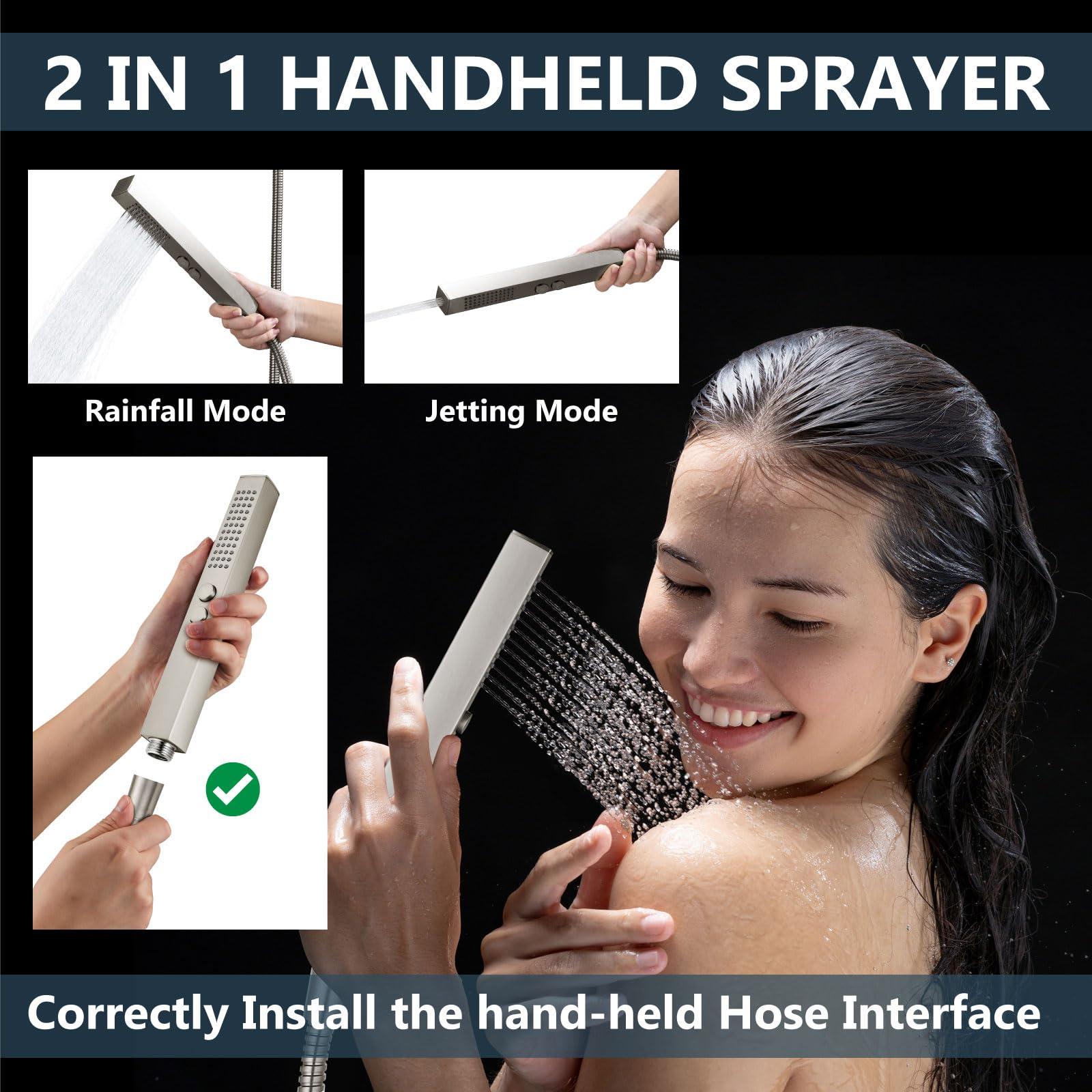 Aolemi Shower Faucet Set Ceiling Mount Shower System Rough-in Valve and Shower Trim Kit 10 and 6 Inch Dual Shower Head 2 in 1 Handheld Spray Push Button Diverter Brushed Nickel - Image 4